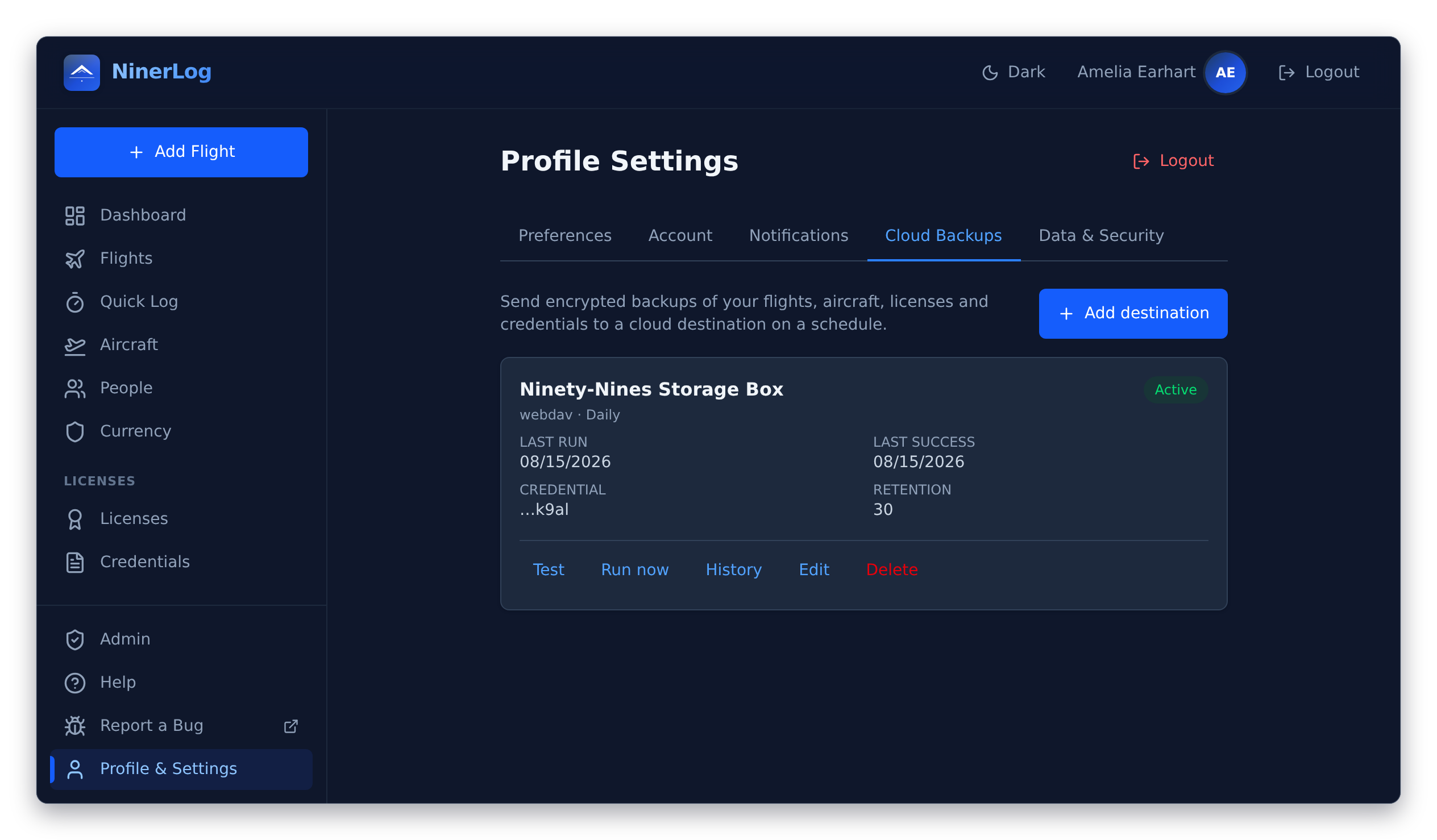 NinerLog Cloud Backups settings showing a connected destination with active status and last successful run
