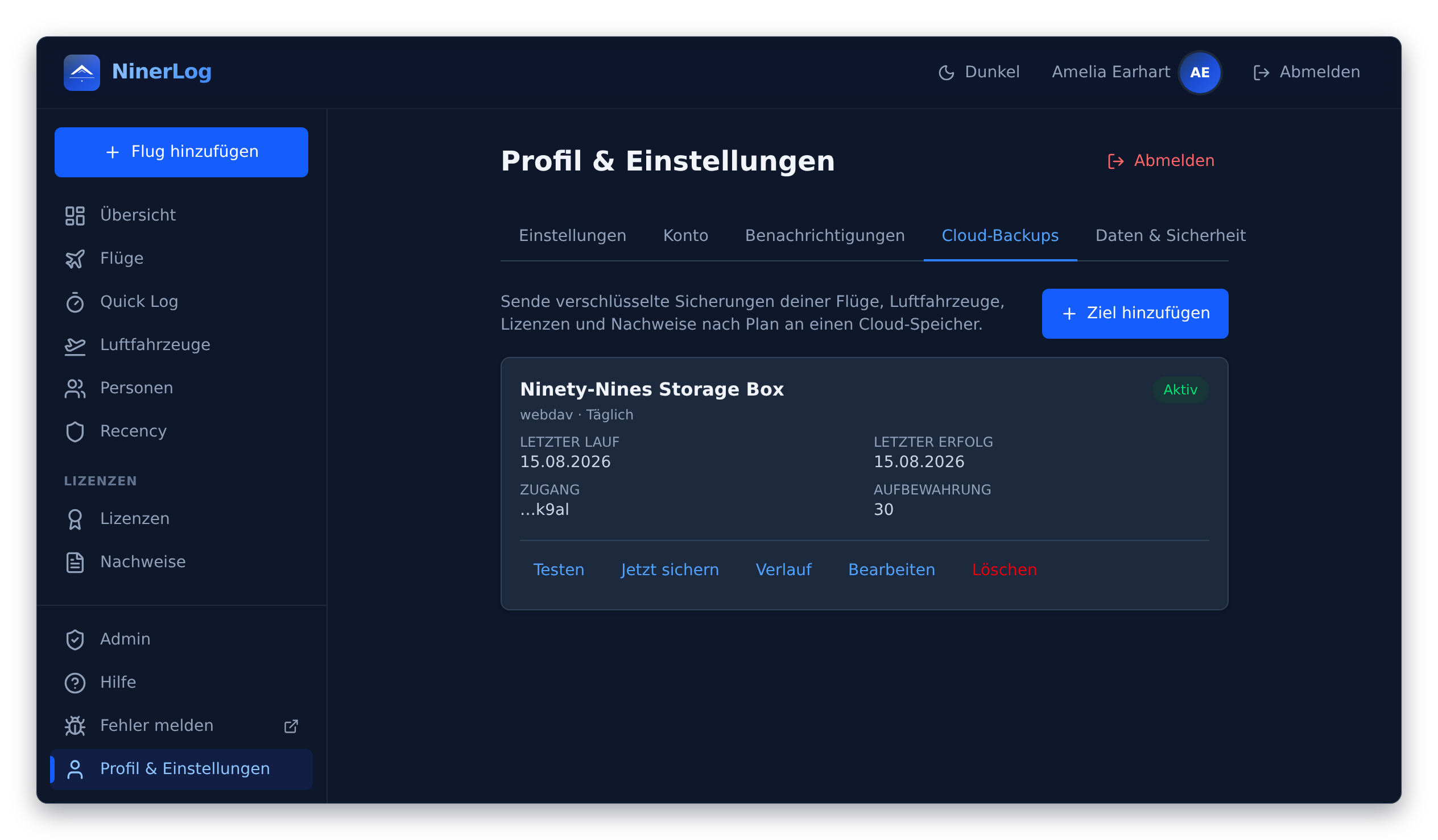 NinerLog Cloud-Backup-Einstellungen mit verbundenem Ziel, aktivem Status und letztem erfolgreichen Lauf