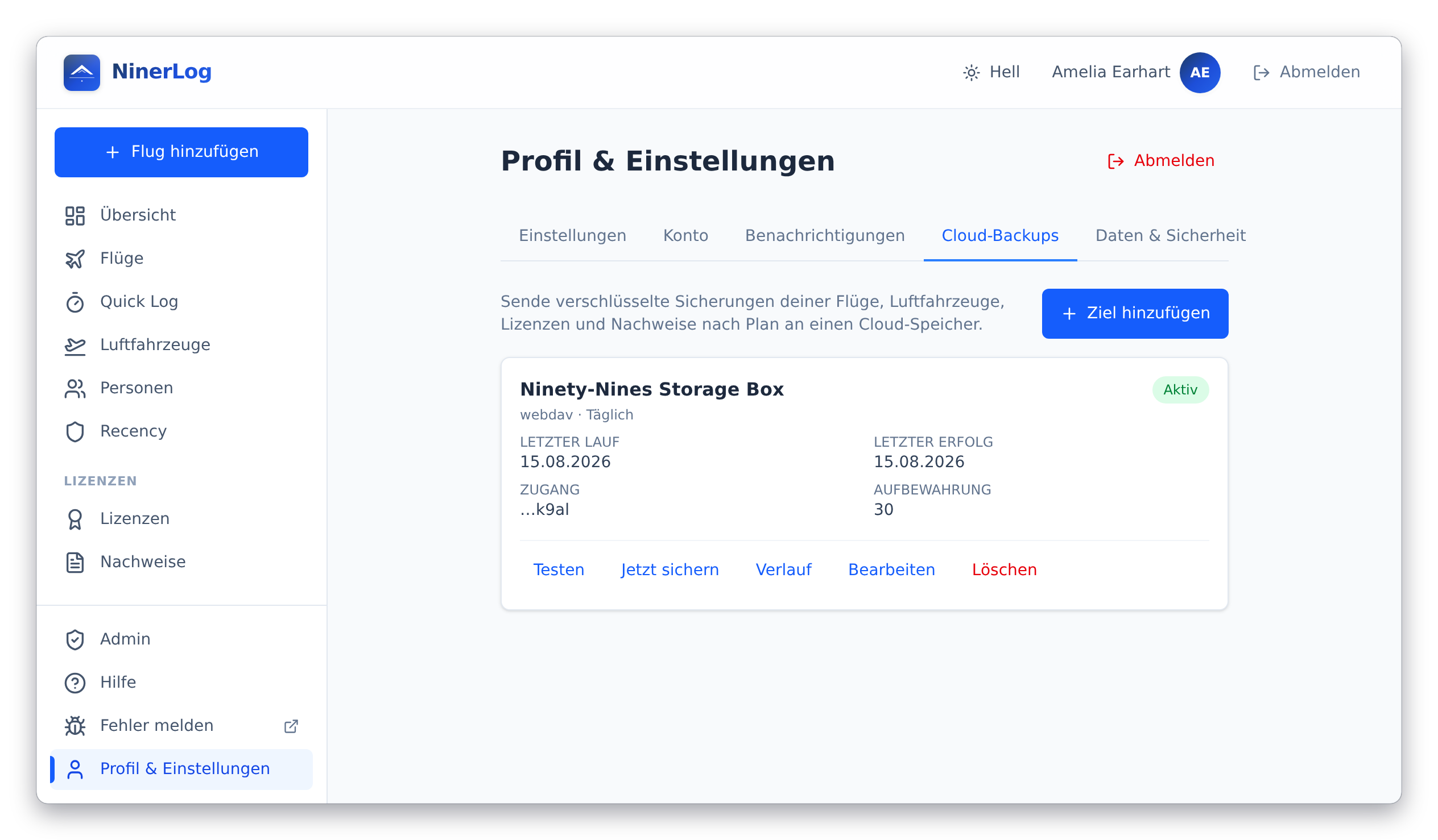 NinerLog Cloud-Backup-Einstellungen mit verbundenem Ziel, aktivem Status und letztem erfolgreichen Lauf