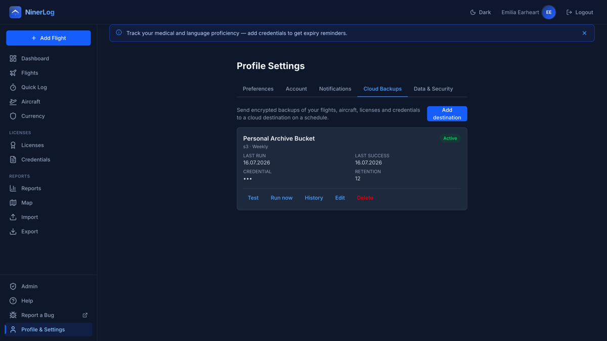 NinerLog Cloud Backups settings showing a connected S3 destination with active status and last successful run