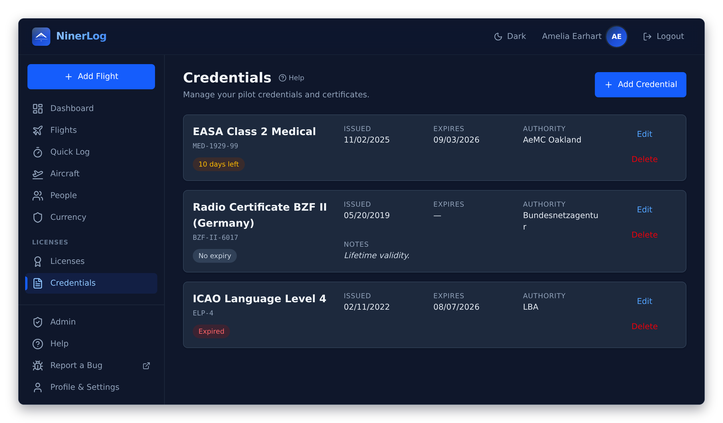 NinerLog credentials page listing an EASA Class 2 medical about to expire, a lifetime radio certificate, and an expired ICAO language proficiency entry