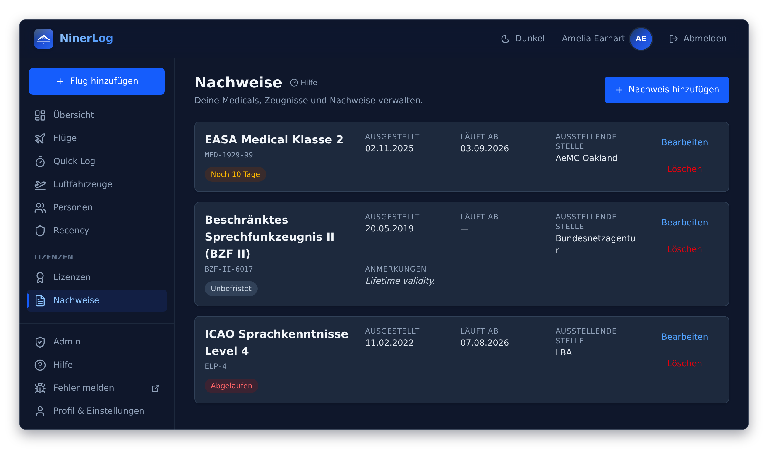 NinerLog Nachweise-Seite mit einem bald ablaufenden EASA-Klasse-2-Medical, einem unbefristeten Sprechfunkzeugnis und einem abgelaufenen ICAO-Sprachnachweis