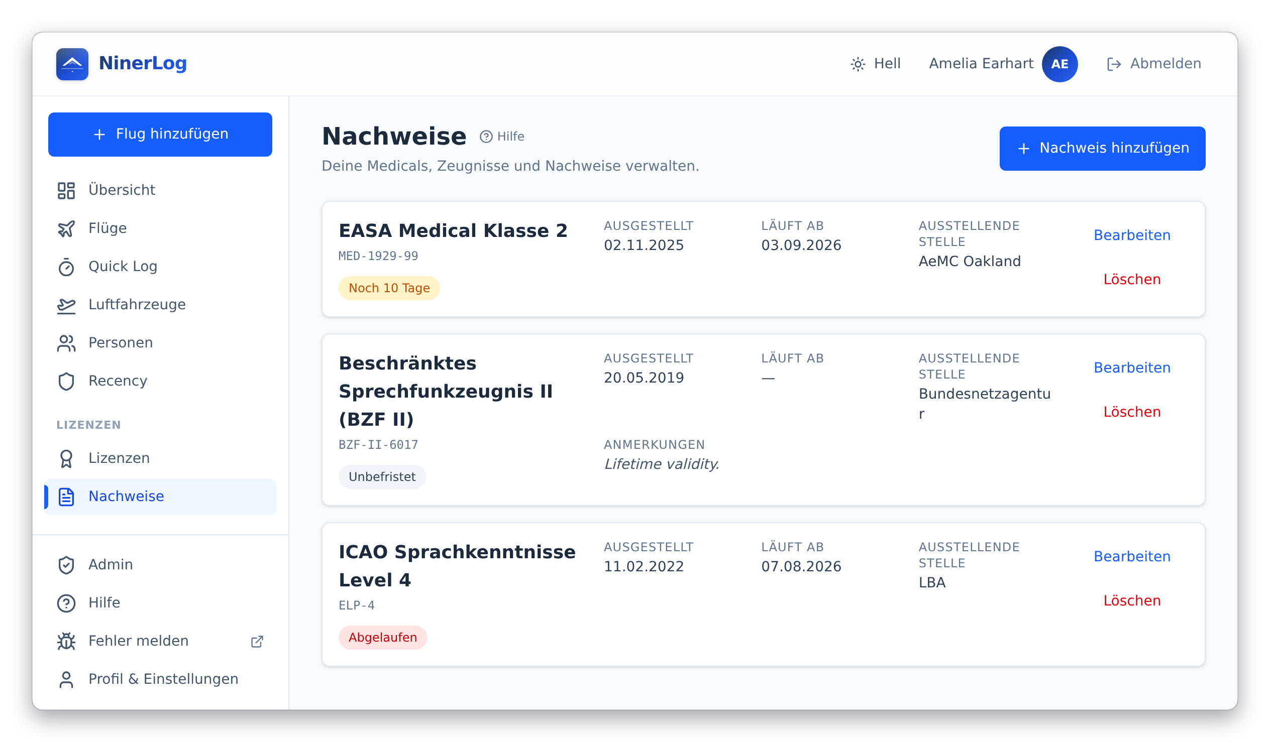 NinerLog Nachweise-Seite mit einem bald ablaufenden EASA-Klasse-2-Medical, einem unbefristeten Sprechfunkzeugnis und einem abgelaufenen ICAO-Sprachnachweis