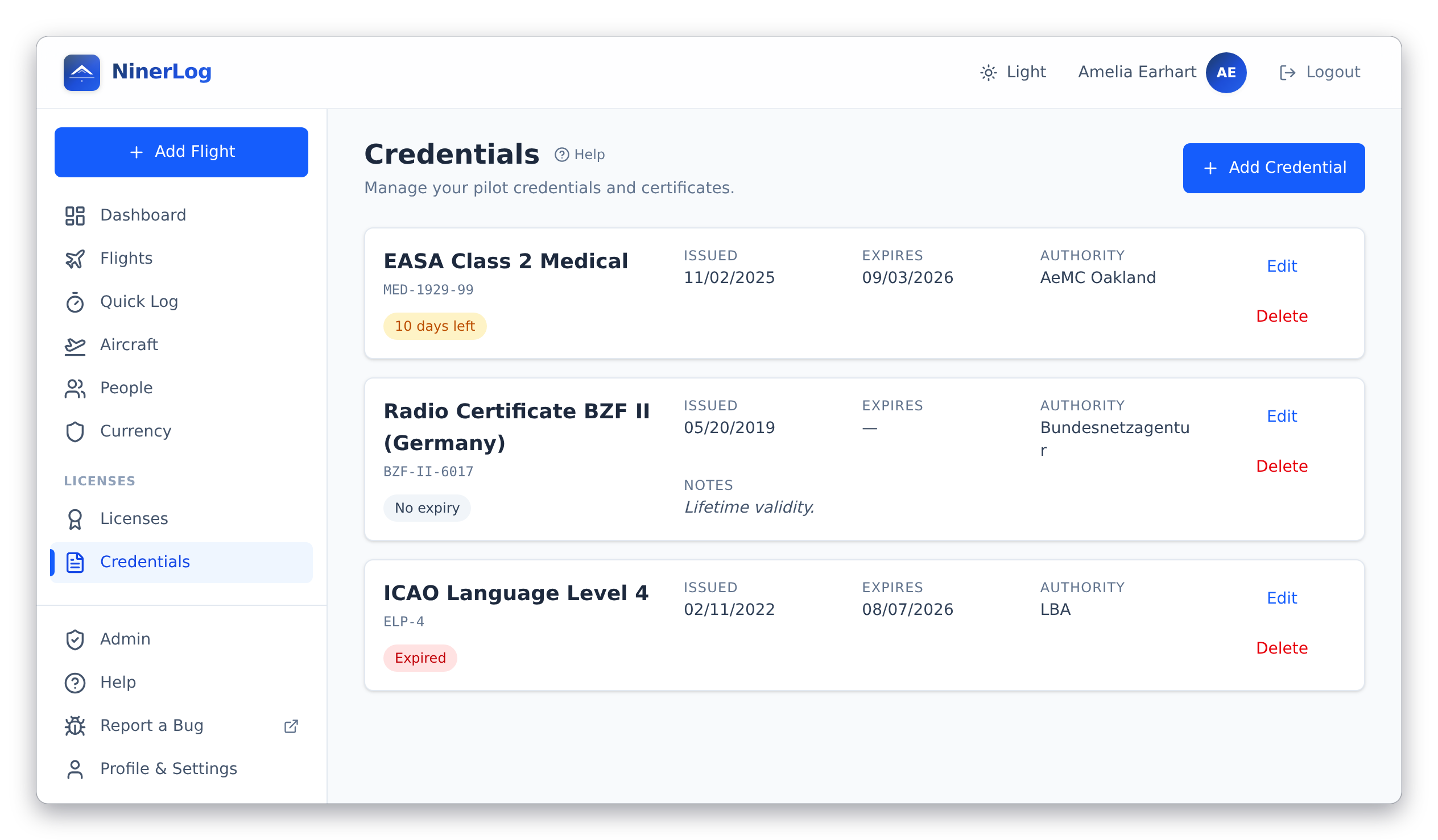 NinerLog credentials page listing an EASA Class 2 medical about to expire, a lifetime radio certificate, and an expired ICAO language proficiency entry