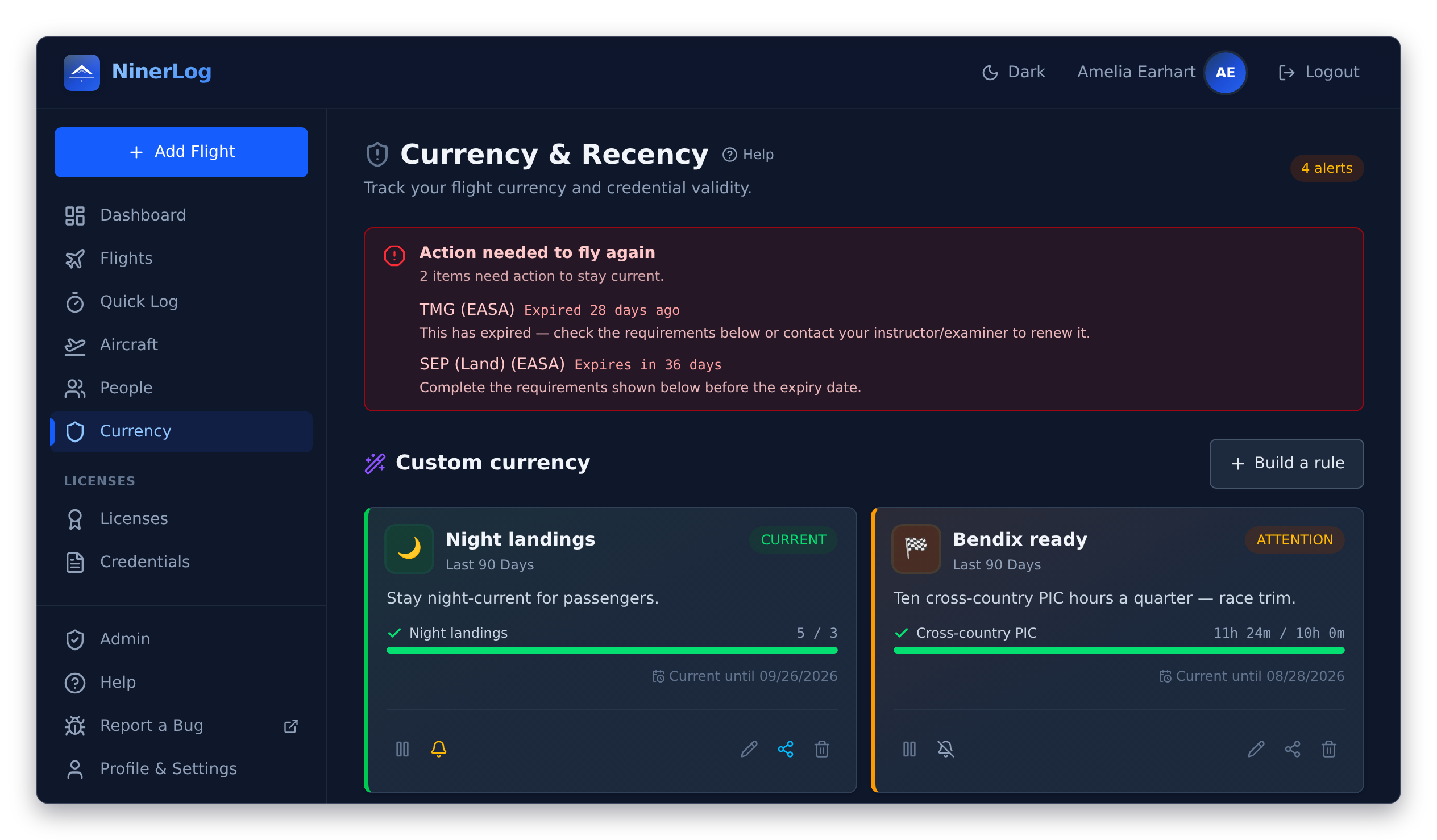 NinerLog currency tracking dashboard with EASA revalidation and FAA 90-day currency status