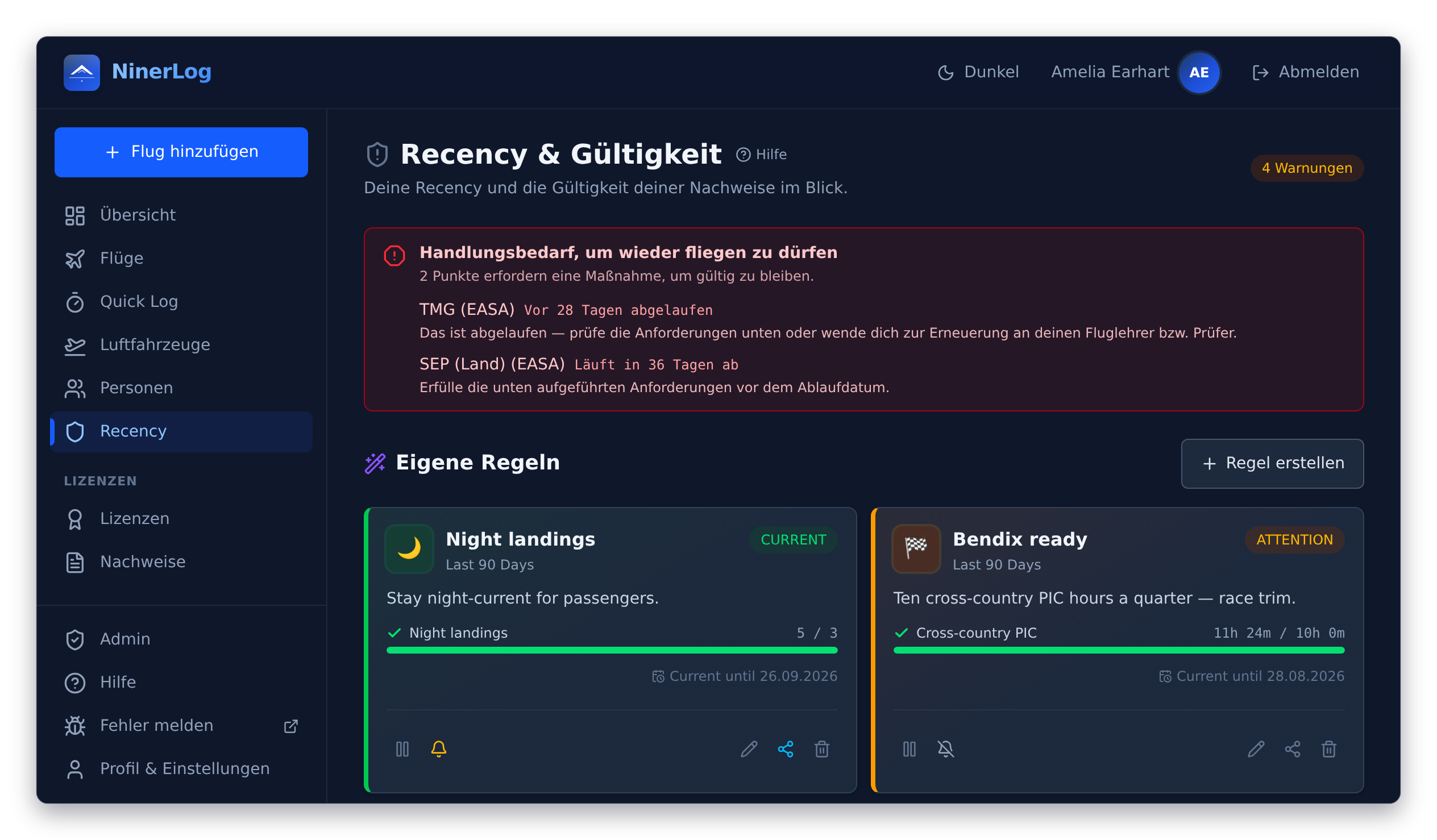 NinerLog Recency-Übersicht mit EASA-Verlängerung und FAA-90-Tage-Status