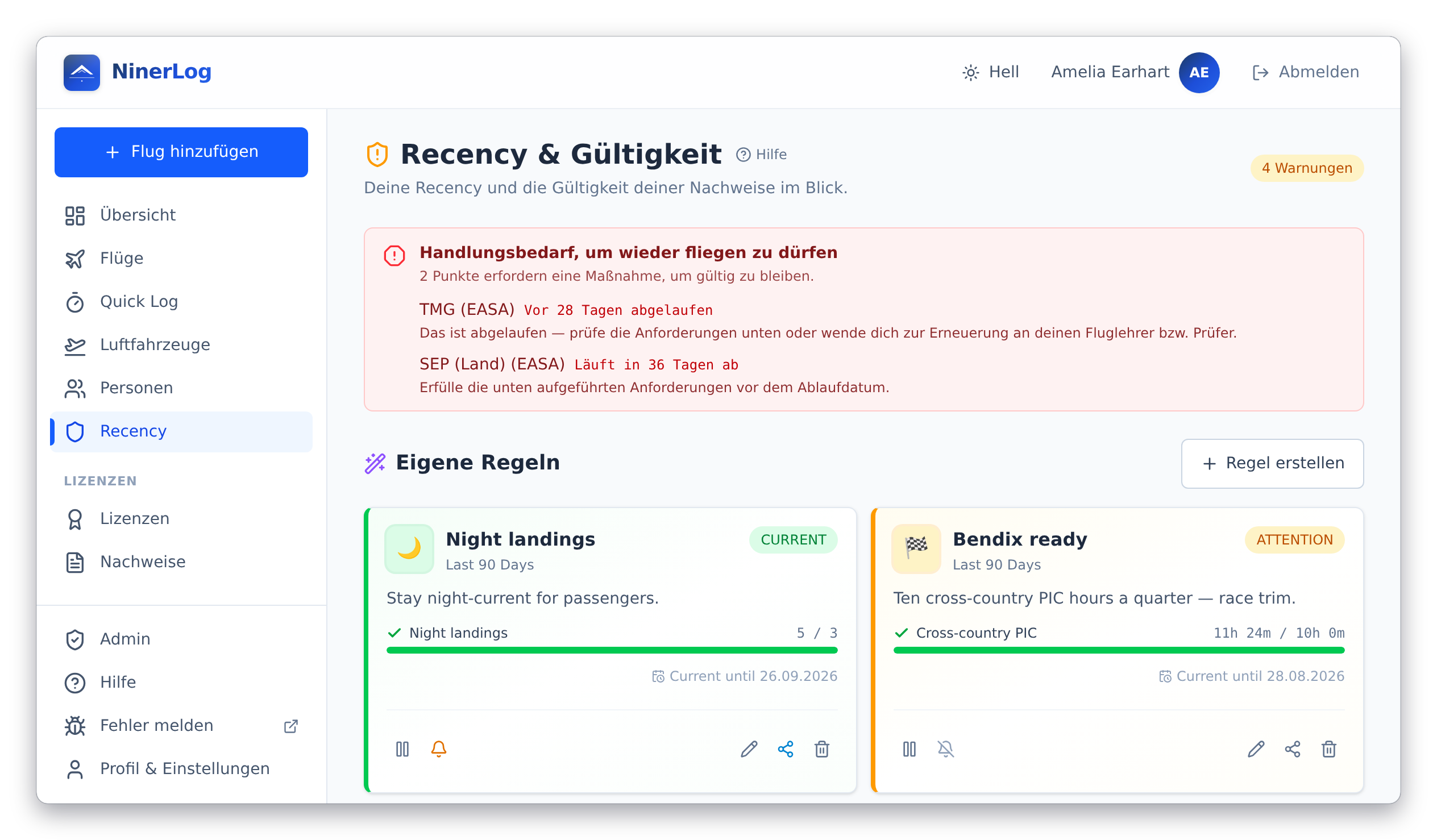 NinerLog Recency-Übersicht mit EASA-Verlängerung und FAA-90-Tage-Status