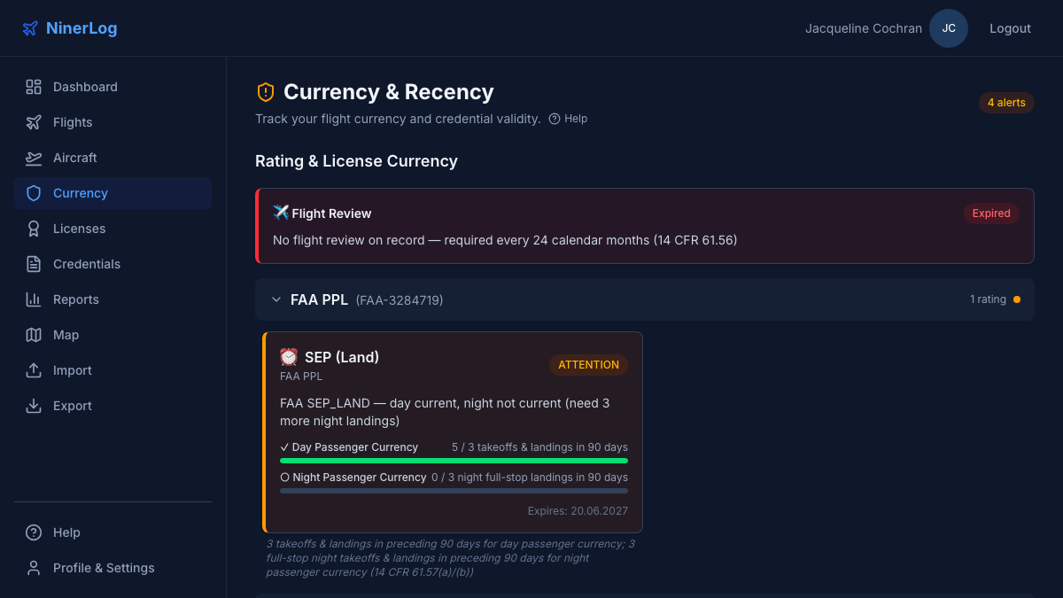 NinerLog currency tracking dashboard with EASA revalidation and FAA 90-day currency status