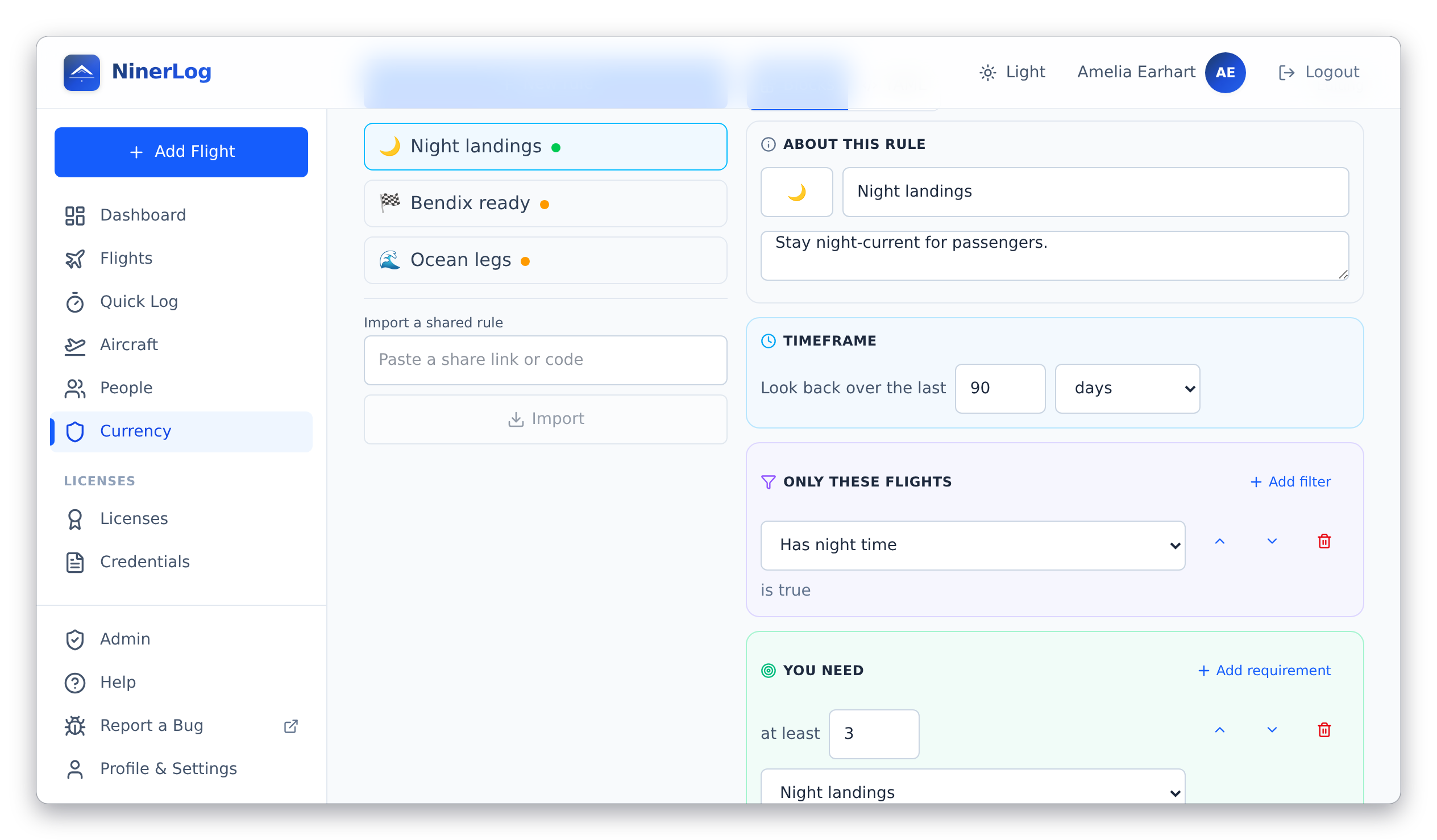 The custom currency rule builder with timeframe, filter and requirement blocks