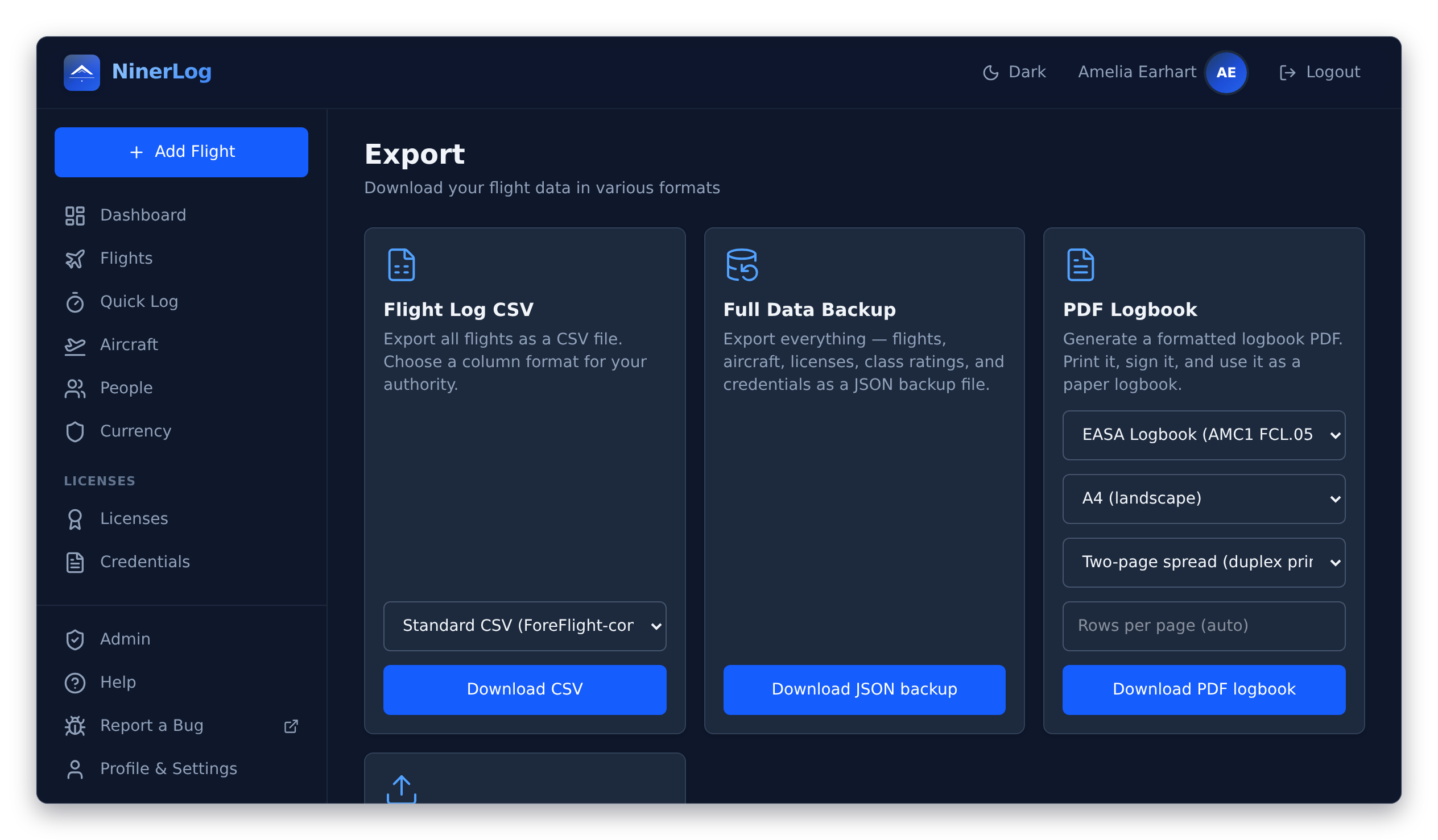 NinerLog export page offering CSV, PDF logbook and full JSON backup downloads