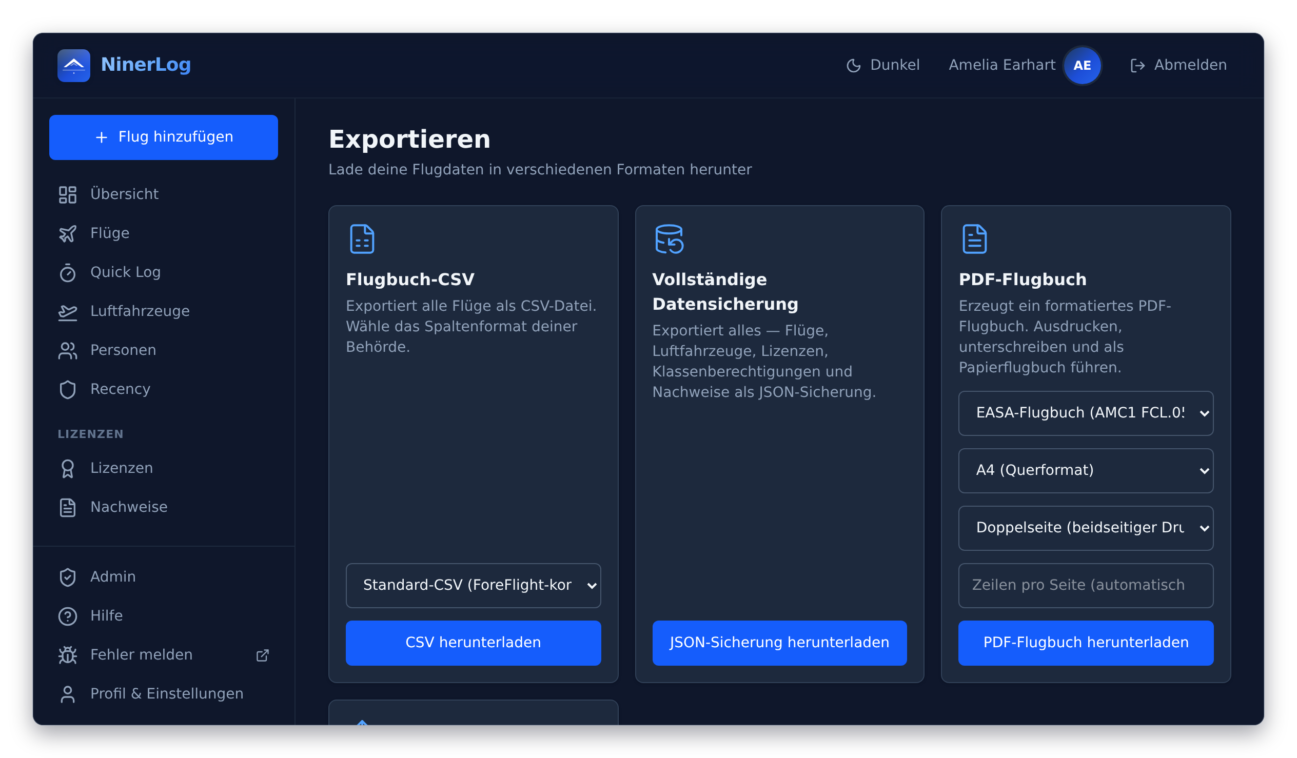 NinerLog Exportseite mit CSV, PDF-Logbuch und vollständigem JSON-Backup