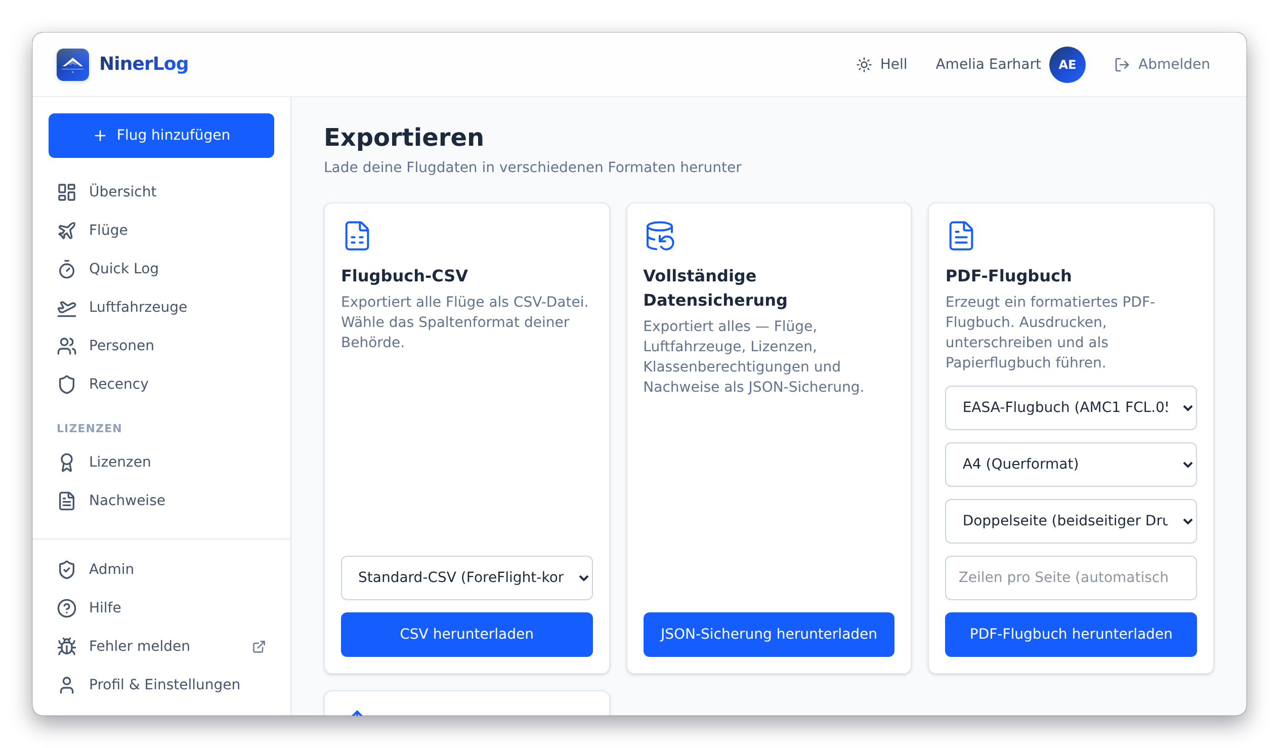 NinerLog Exportseite mit CSV, PDF-Logbuch und vollständigem JSON-Backup