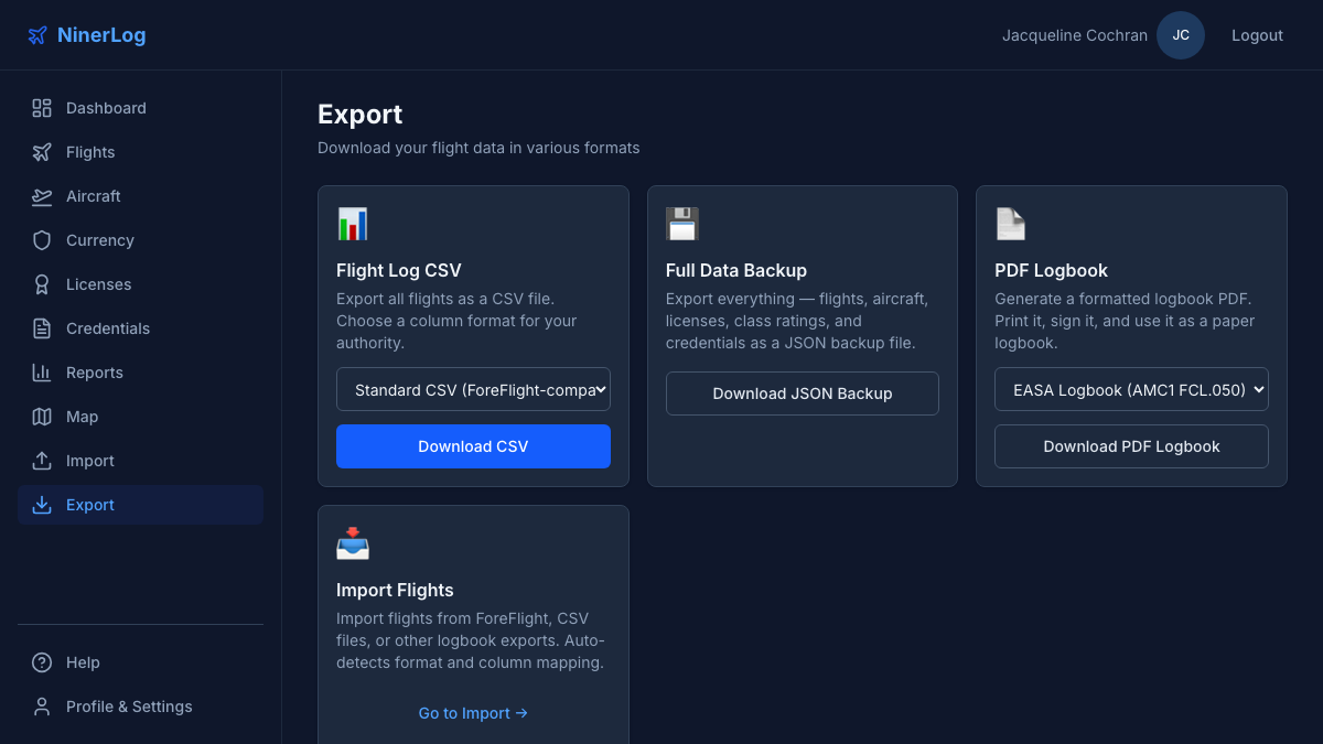 NinerLog export interface with CSV, PDF, and JSON download options