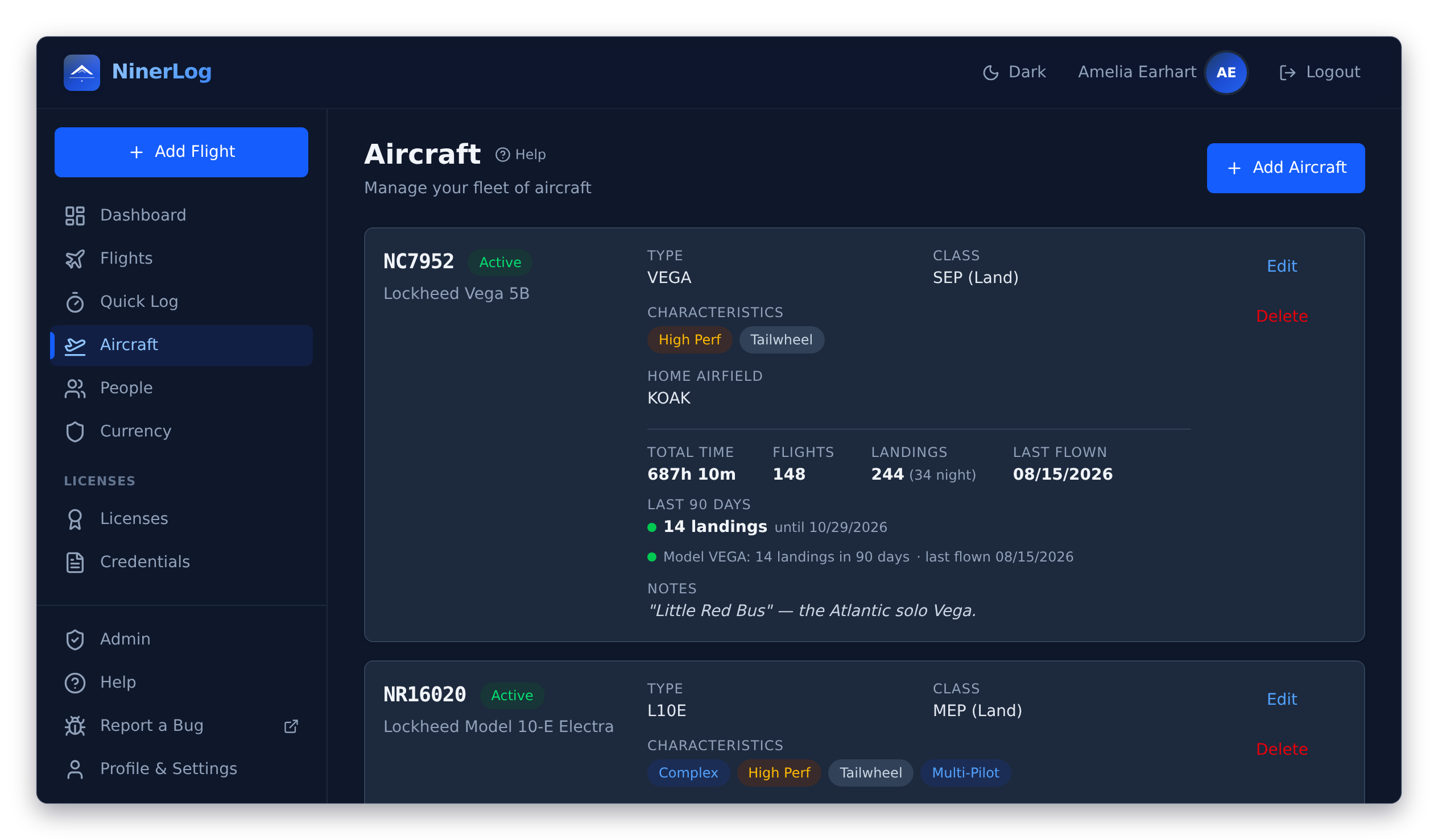 NinerLog aircraft page showing per-tail statistics, 90-day recency and logging defaults for each aircraft in the fleet