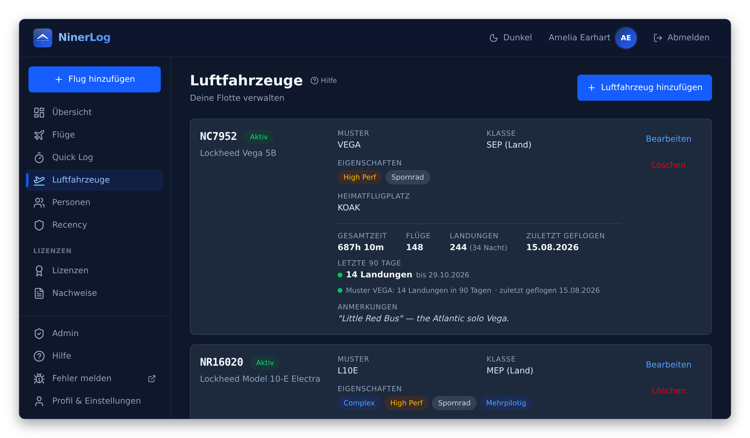 NinerLog Flotten-Seite mit Statistiken je Kennzeichen, 90-Tage-Recency und Vorbelegungen für jedes Luftfahrzeug