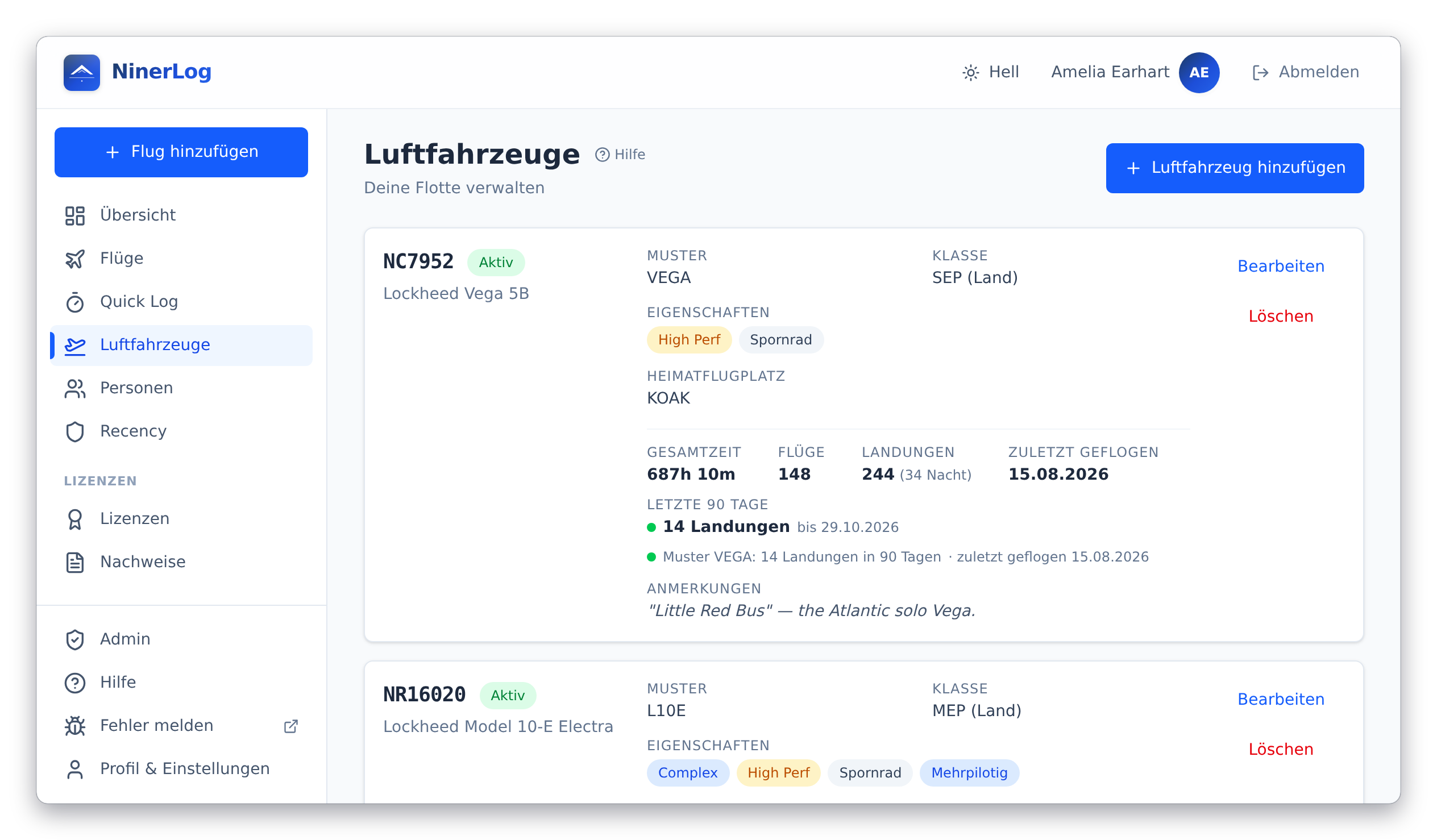 NinerLog Flotten-Seite mit Statistiken je Kennzeichen, 90-Tage-Recency und Vorbelegungen für jedes Luftfahrzeug