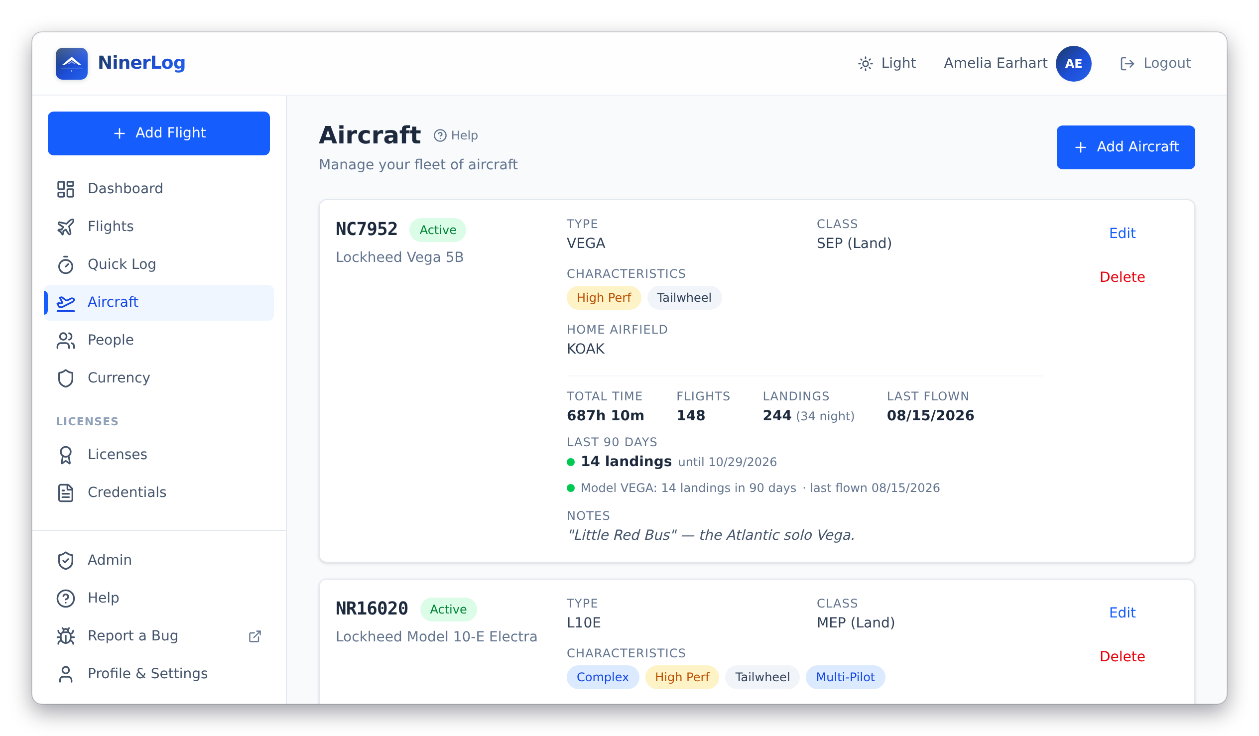 Per-aircraft statistics, 90-day recency and logging defaults