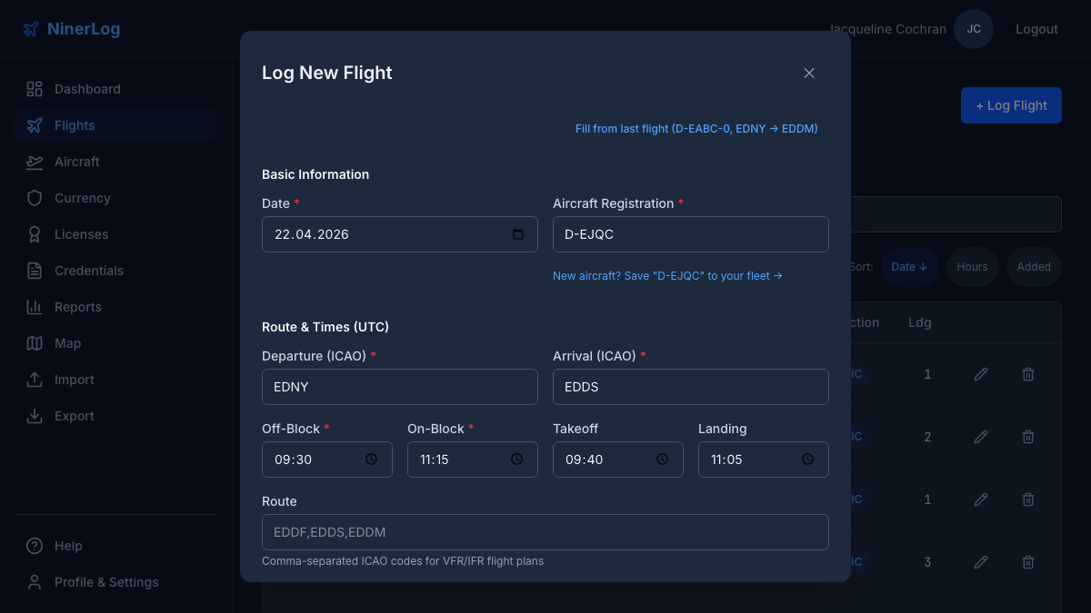 NinerLog flight logging interface showing quick entry, block times, and landing tracking