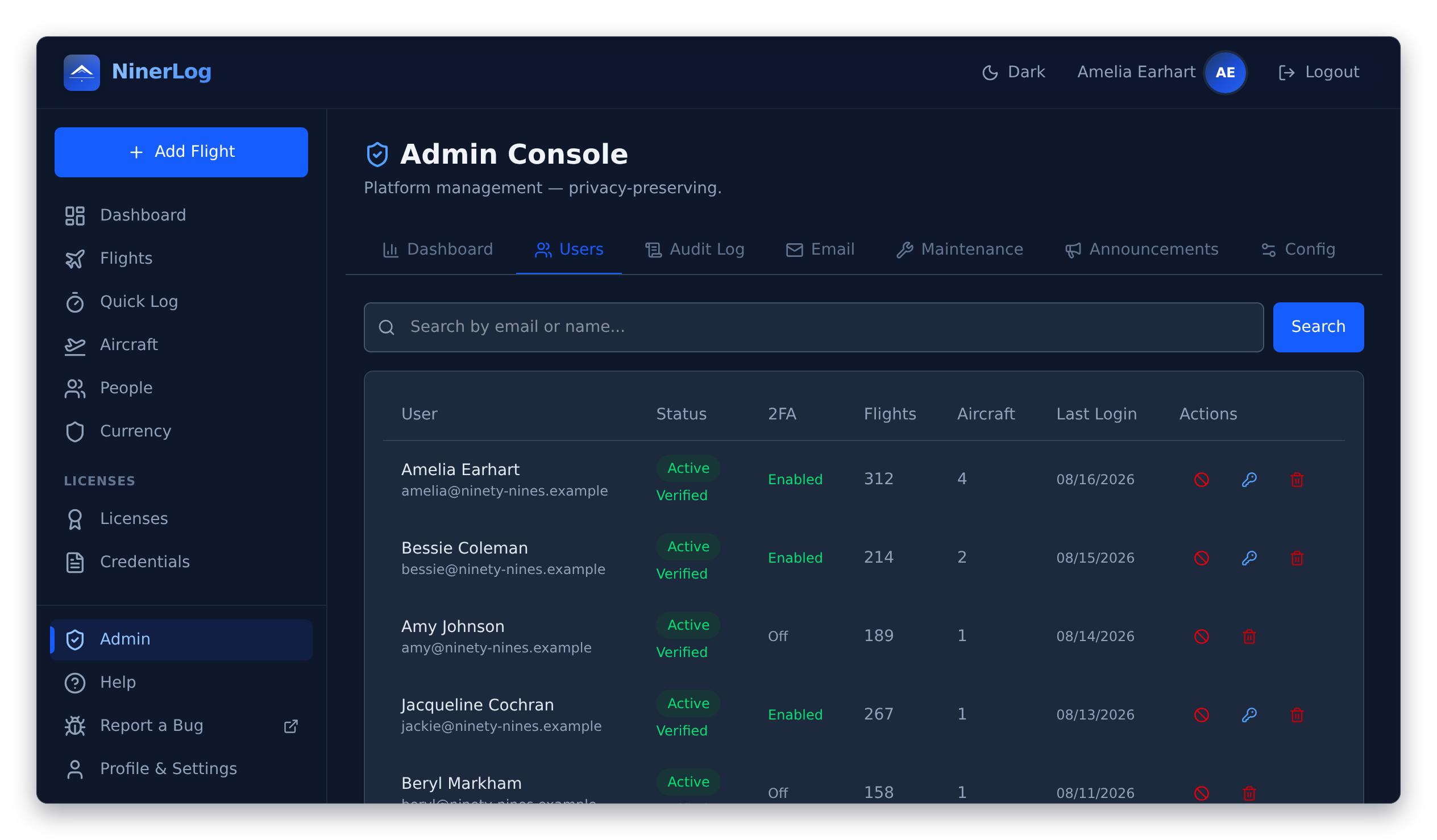 NinerLog admin console showing a flying club member roster with account status, 2FA, and flight counts