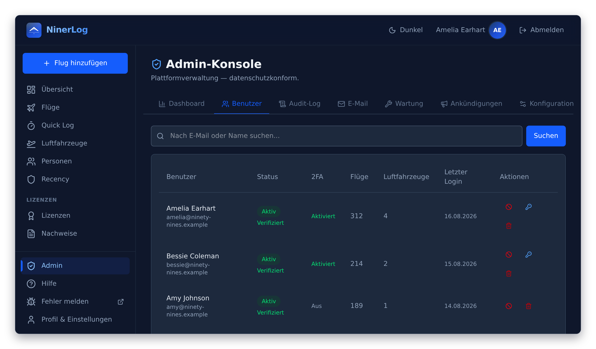 NinerLog Adminkonsole mit der Mitgliederliste eines Vereins samt Kontostatus, 2FA und Fluganzahl