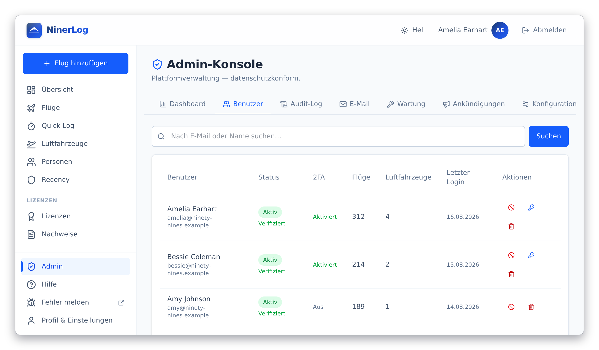 NinerLog Adminkonsole mit der Mitgliederliste eines Vereins samt Kontostatus, 2FA und Fluganzahl