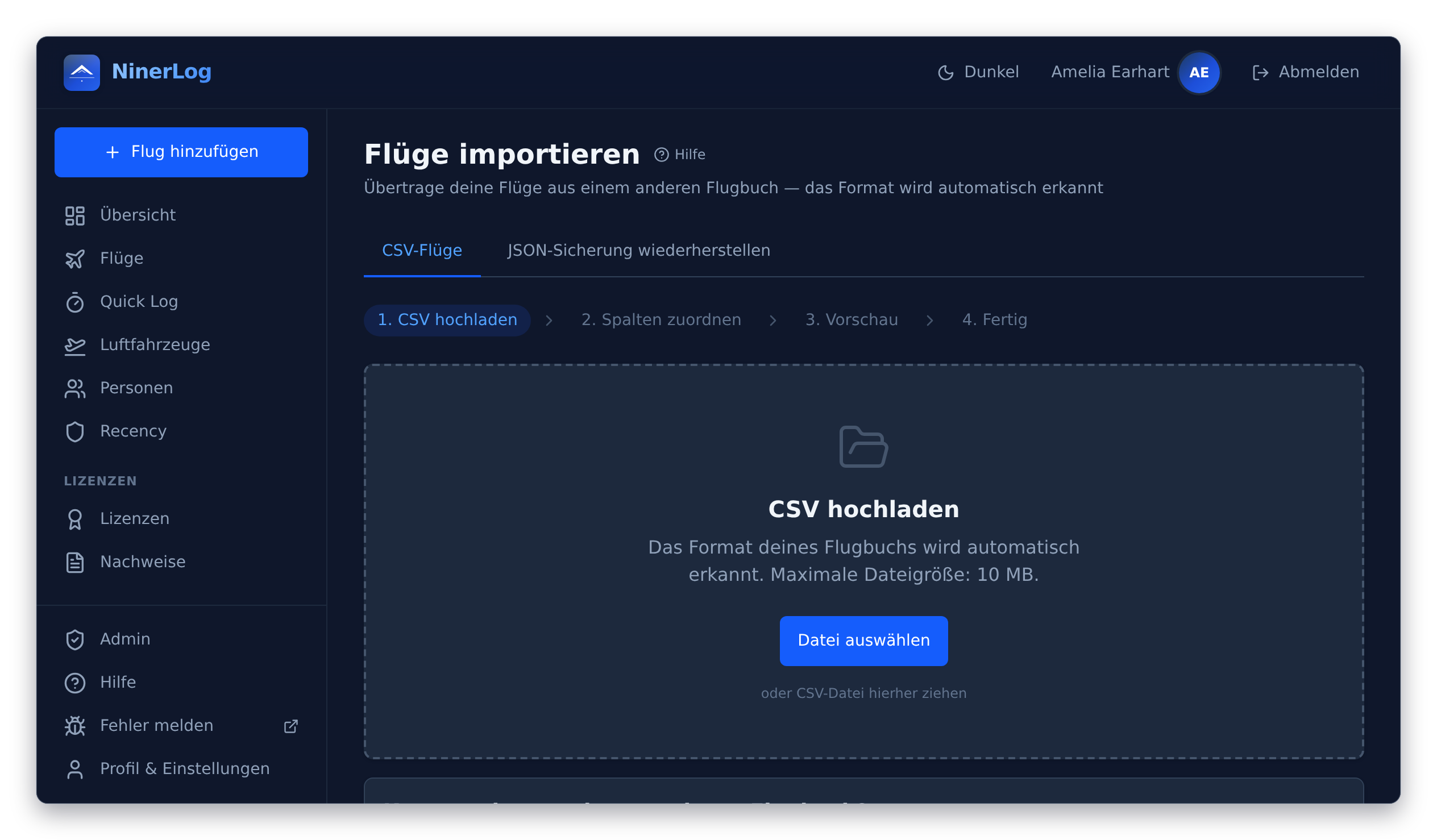NinerLog Import liest einen Logbuch-Export und ordnet die Spalten automatisch zu