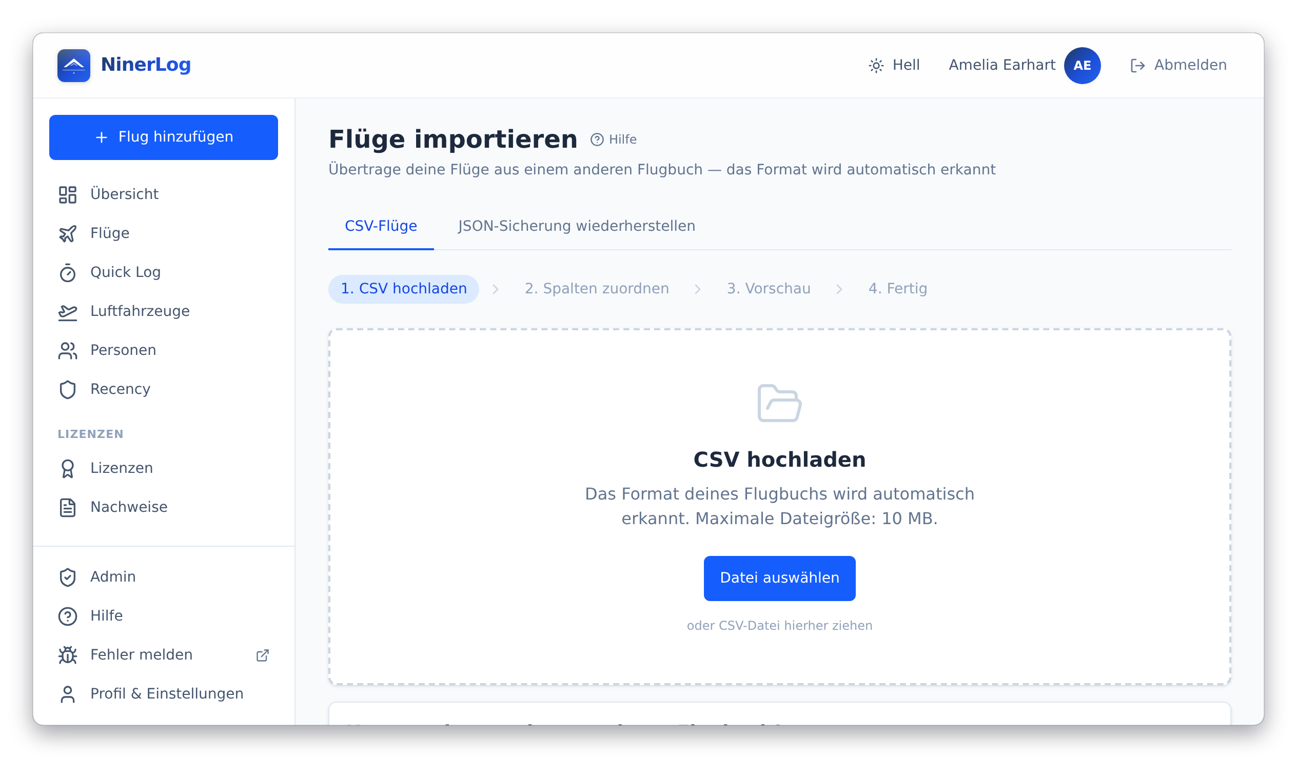 NinerLog Import liest einen Logbuch-Export und ordnet die Spalten automatisch zu