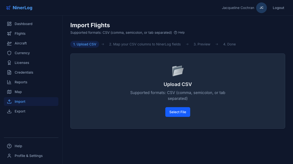 NinerLog import interface supporting CSV, XLS, and ForeFlight formats