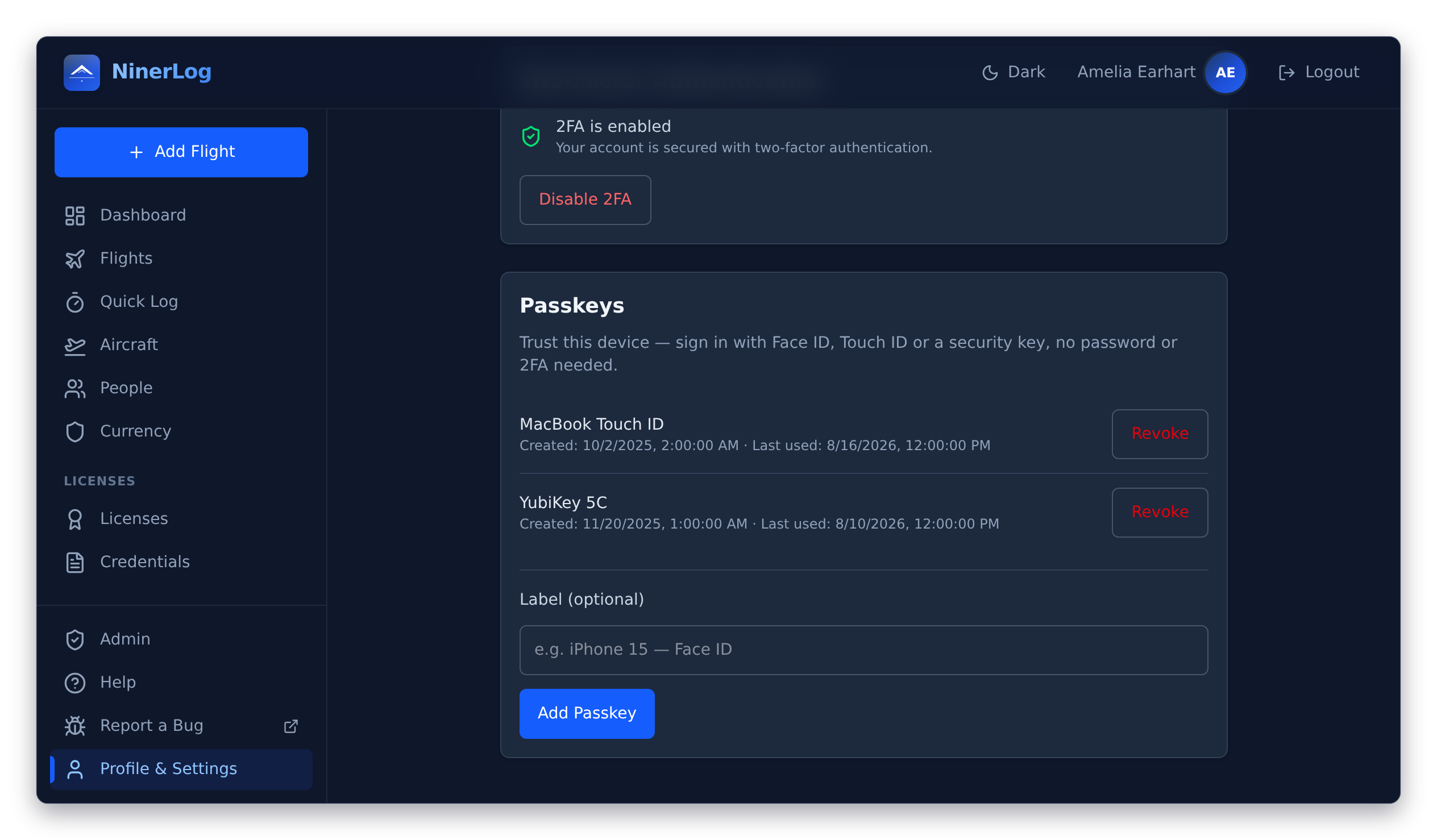 NinerLog account security settings showing two-factor authentication enabled and a registered passkey