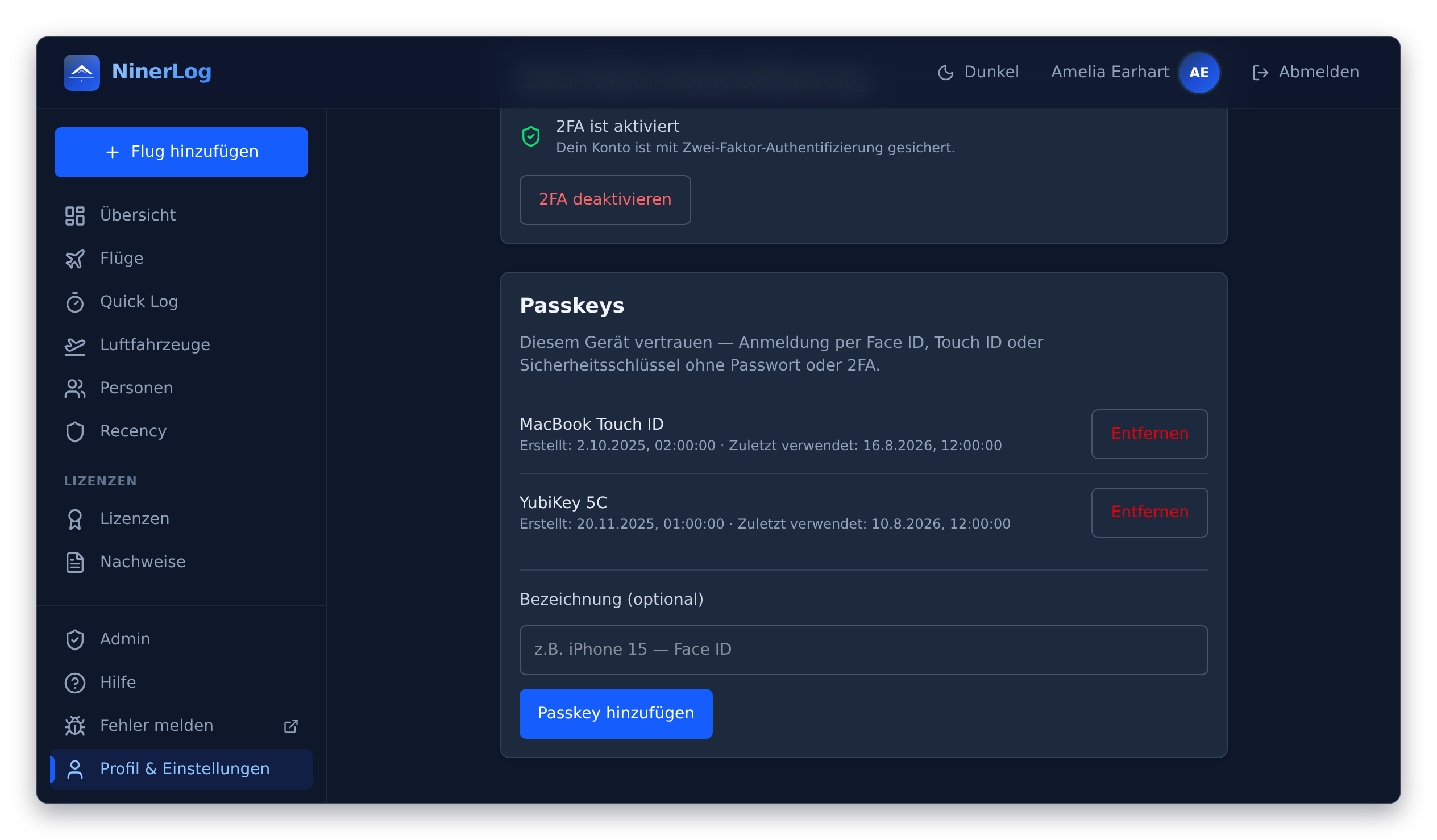 NinerLog Kontosicherheit mit aktivierter Zwei-Faktor-Authentifizierung und registriertem Passkey