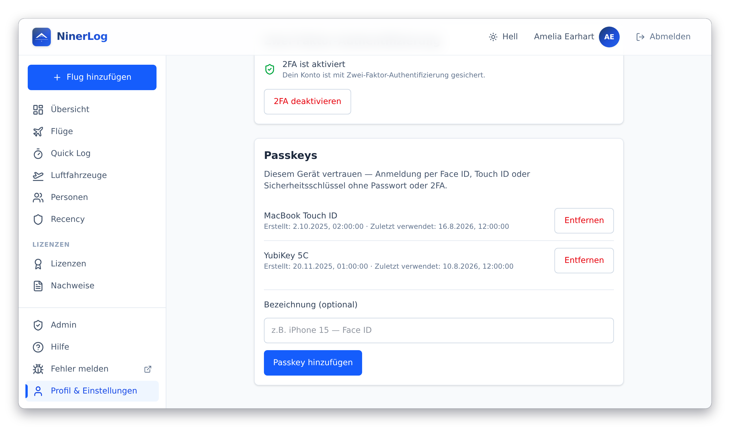 NinerLog Kontosicherheit mit aktivierter Zwei-Faktor-Authentifizierung und registriertem Passkey