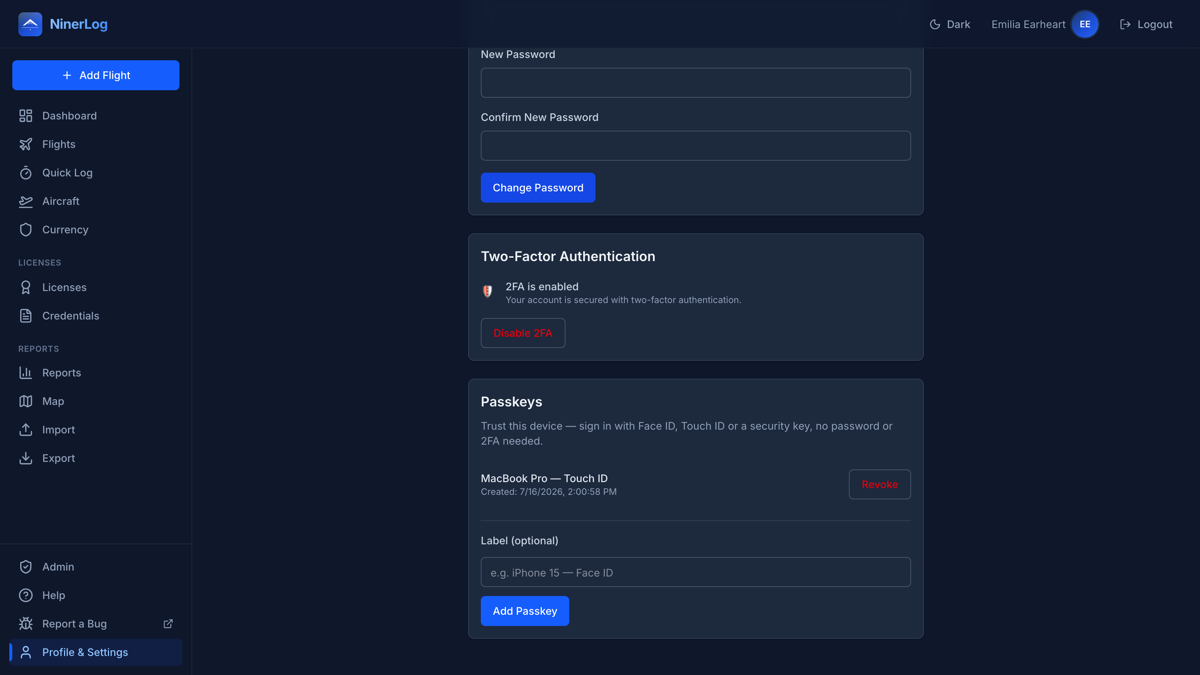 NinerLog account security settings showing two-factor authentication enabled and a registered passkey