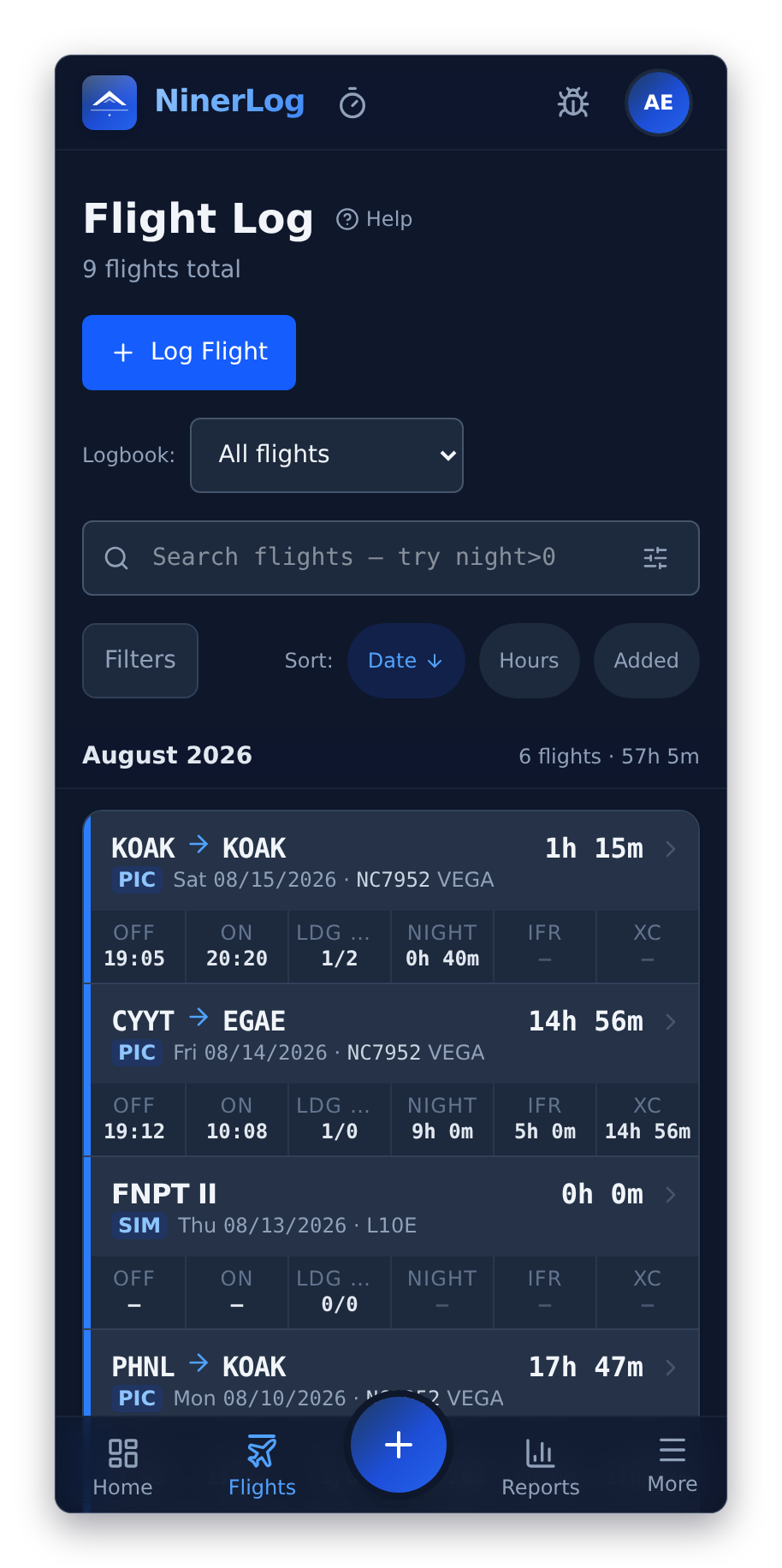 NinerLog on a phone, showing the mobile flight list