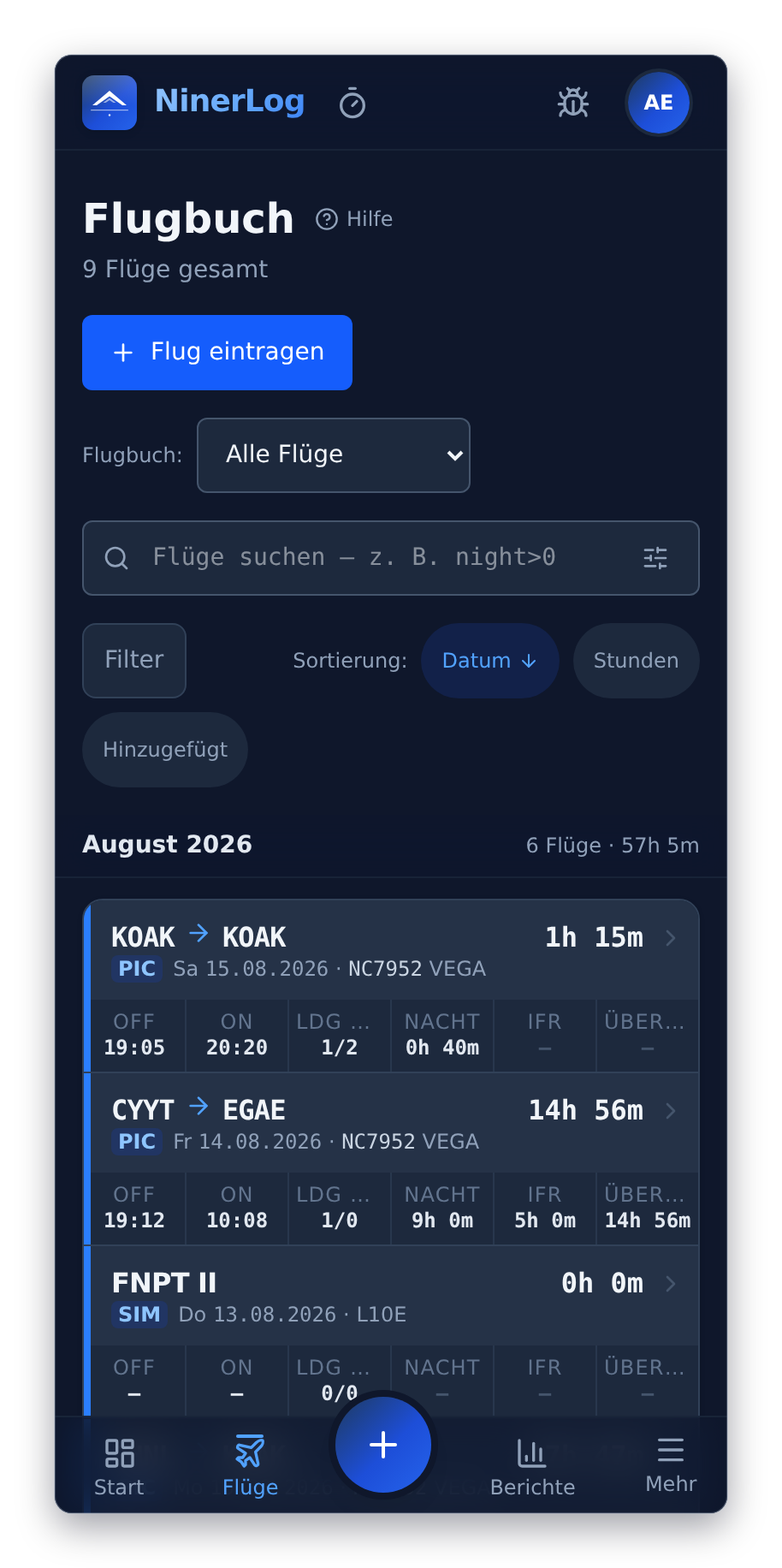 NinerLog auf dem Smartphone mit der mobilen Flugliste