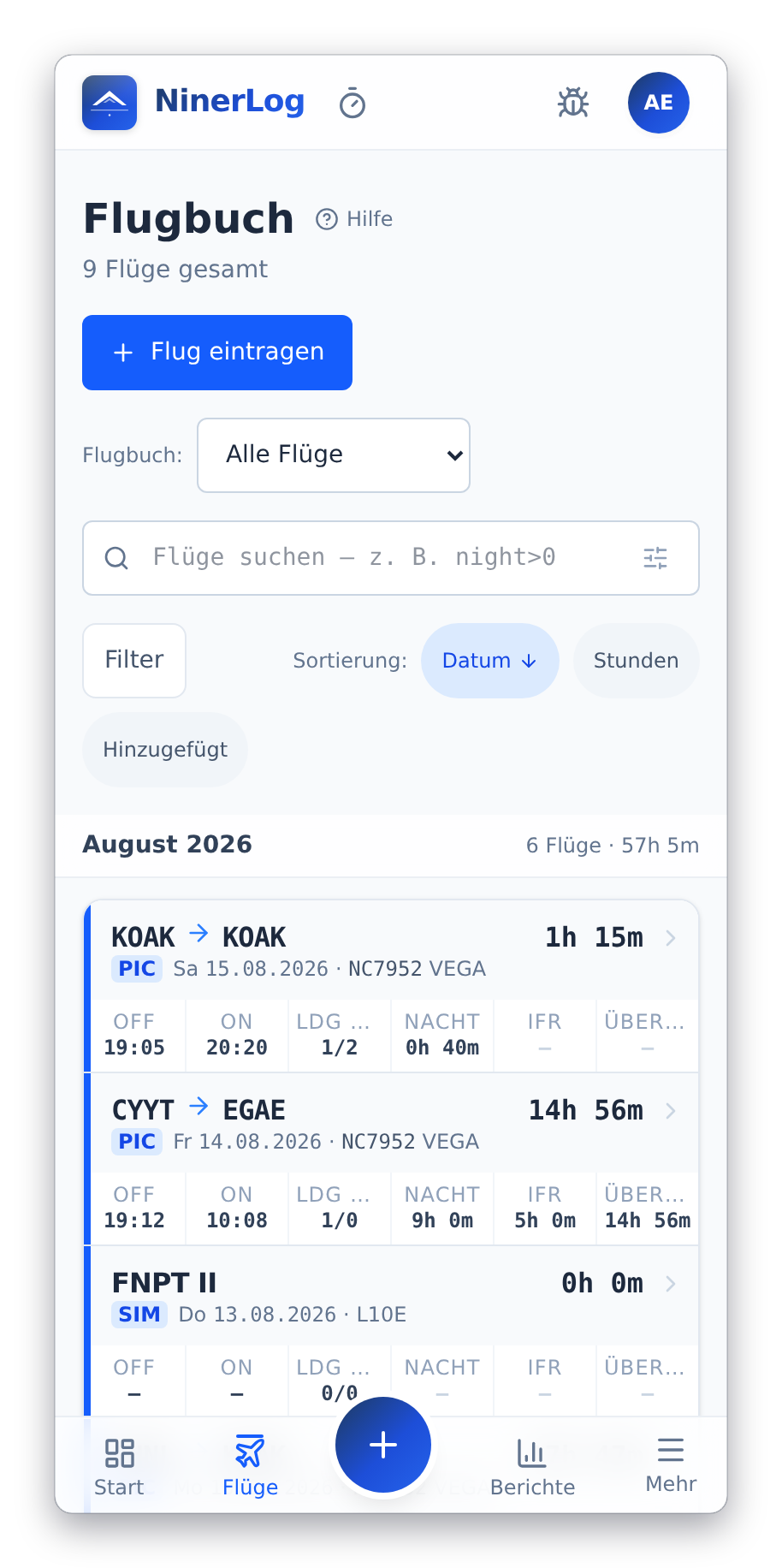 NinerLog auf dem Smartphone mit der mobilen Flugliste