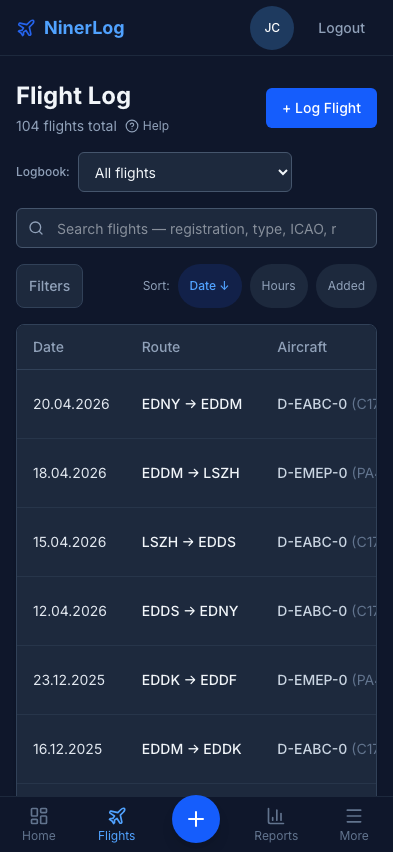 NinerLog dashboard on a mobile device showing responsive flight logging interface