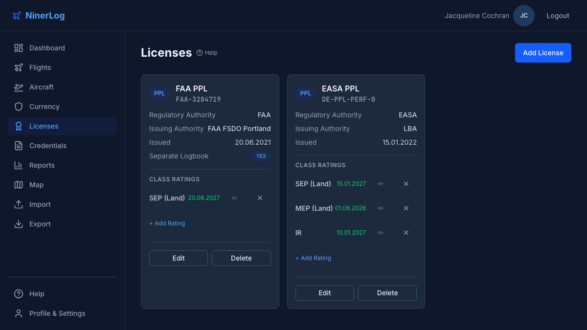 NinerLog multi-license management showing EASA and FAA licenses with class ratings and expiry dates