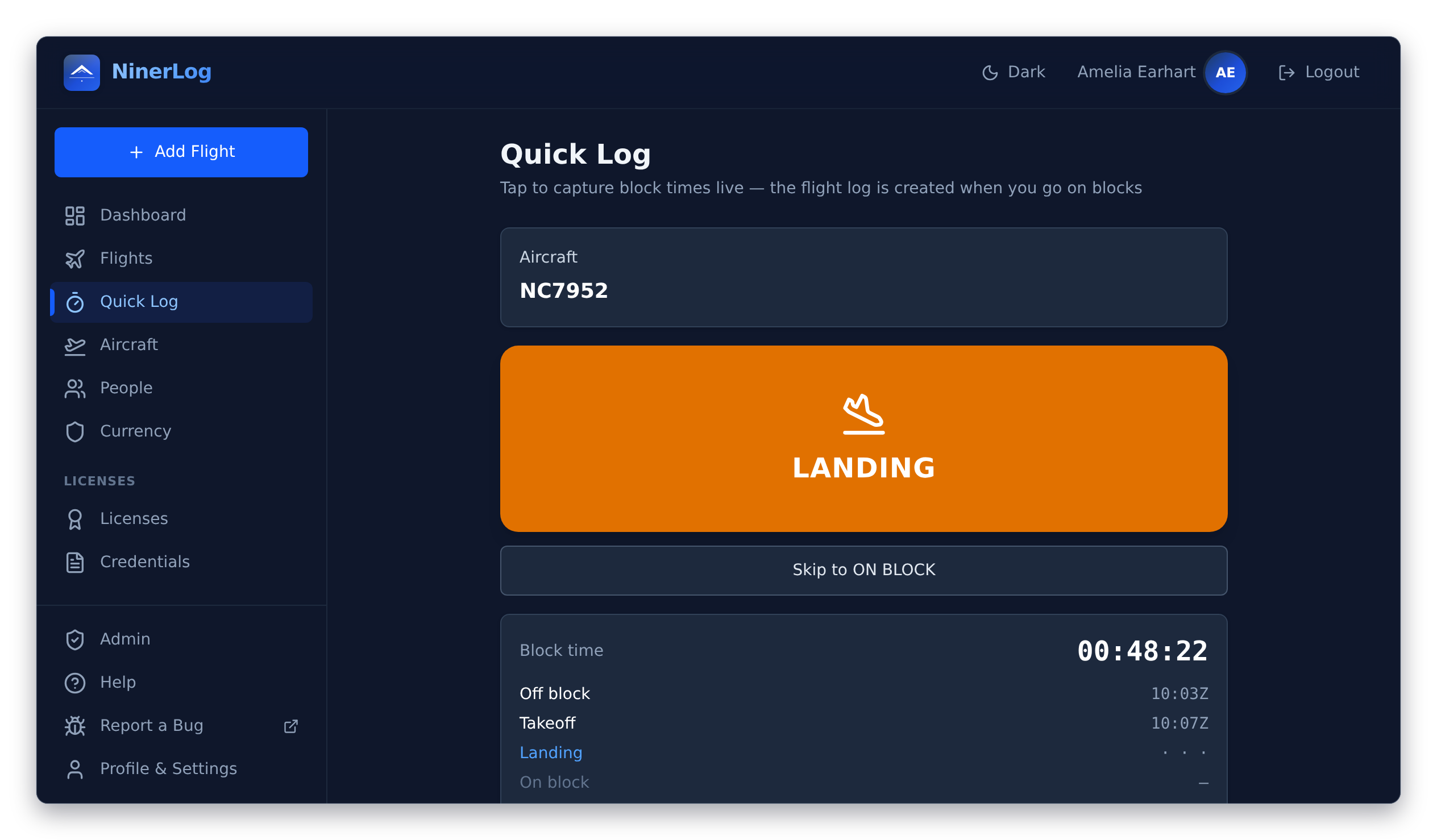 NinerLog Quick Log screen mid-session, showing off-block and takeoff already tapped and awaiting landing