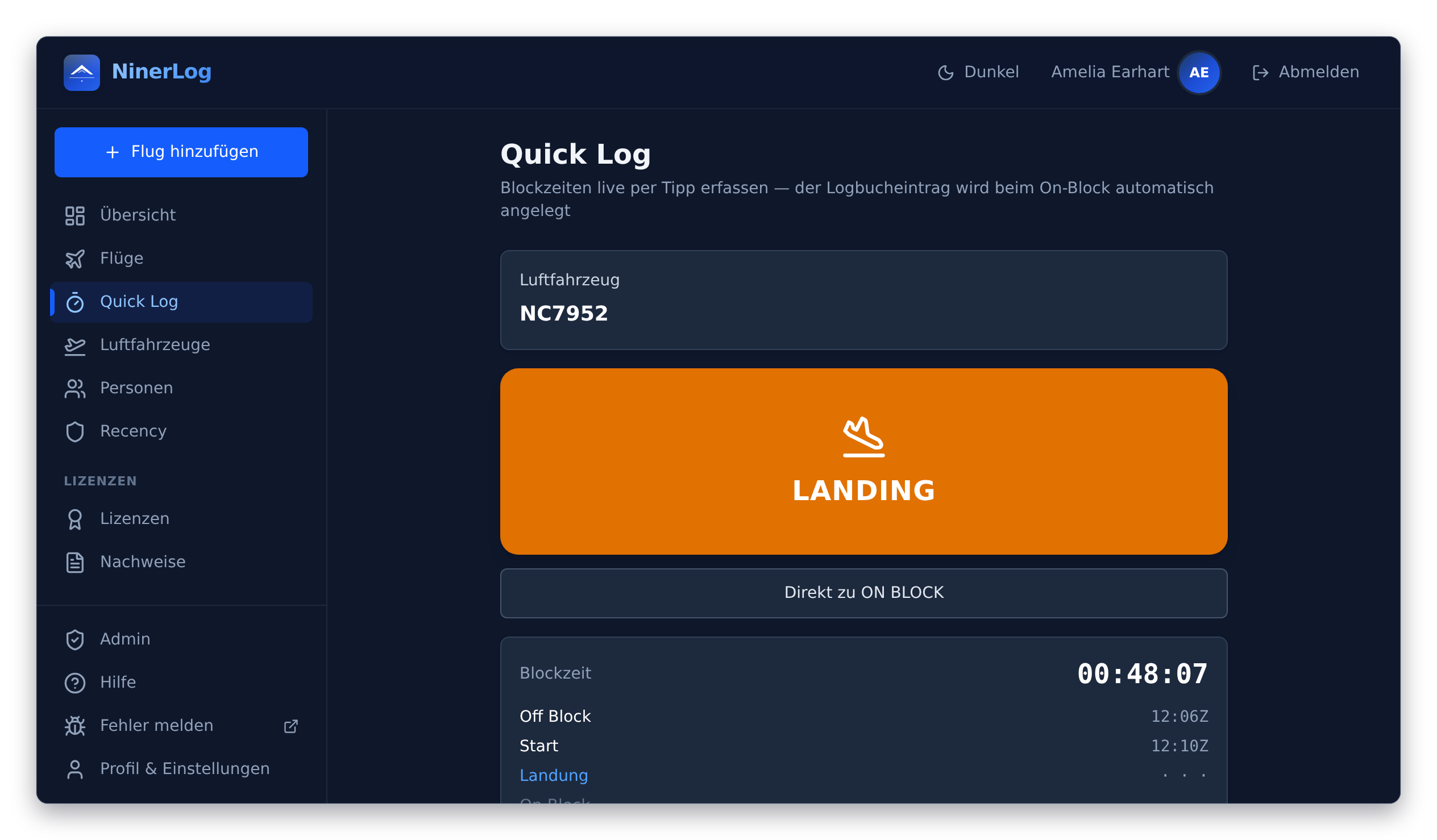 NinerLog Quick Log während des Fluges: Off-Block und Start bereits getippt, wartet auf die Landung