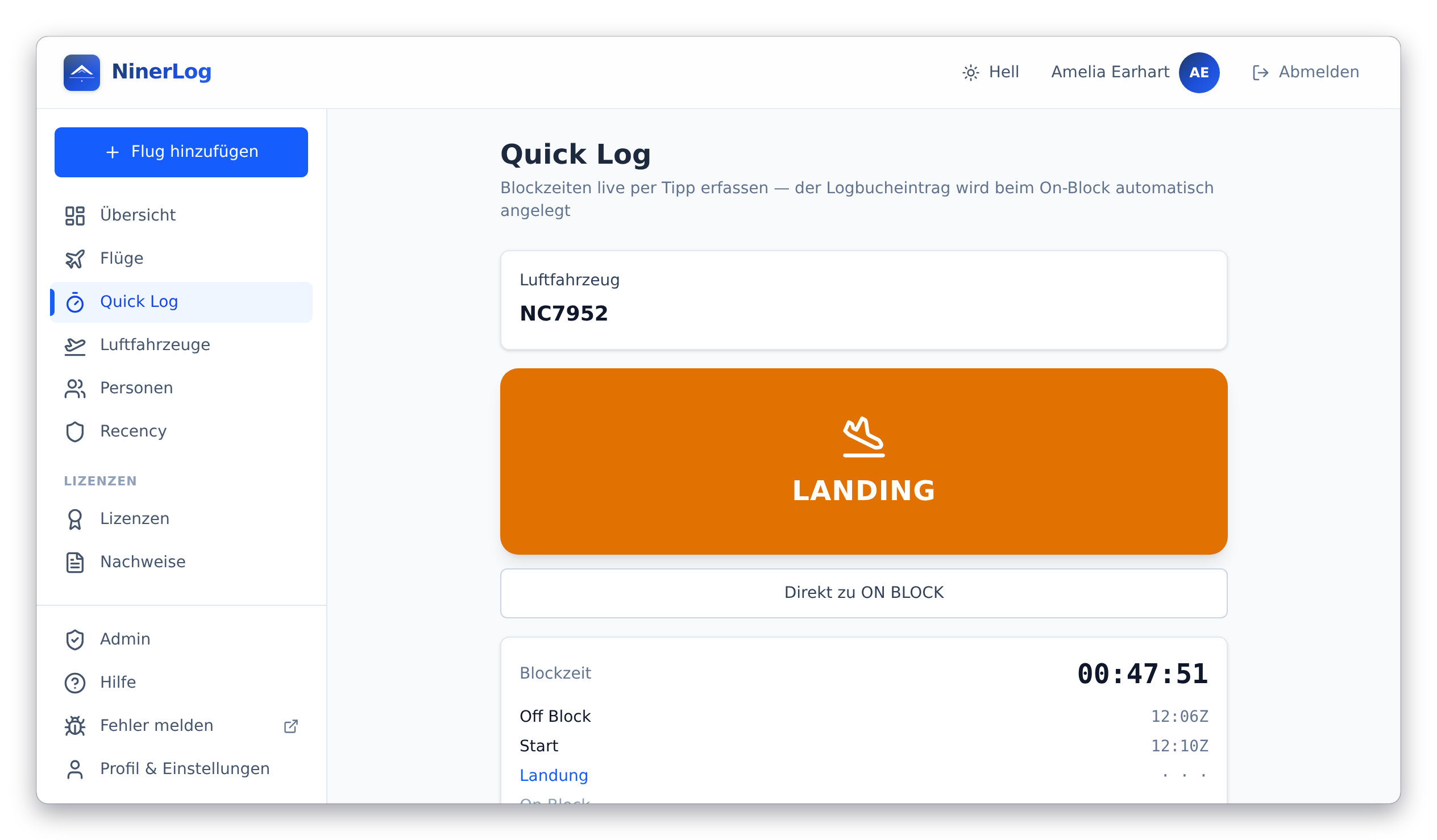 NinerLog Quick Log während des Fluges: Off-Block und Start bereits getippt, wartet auf die Landung