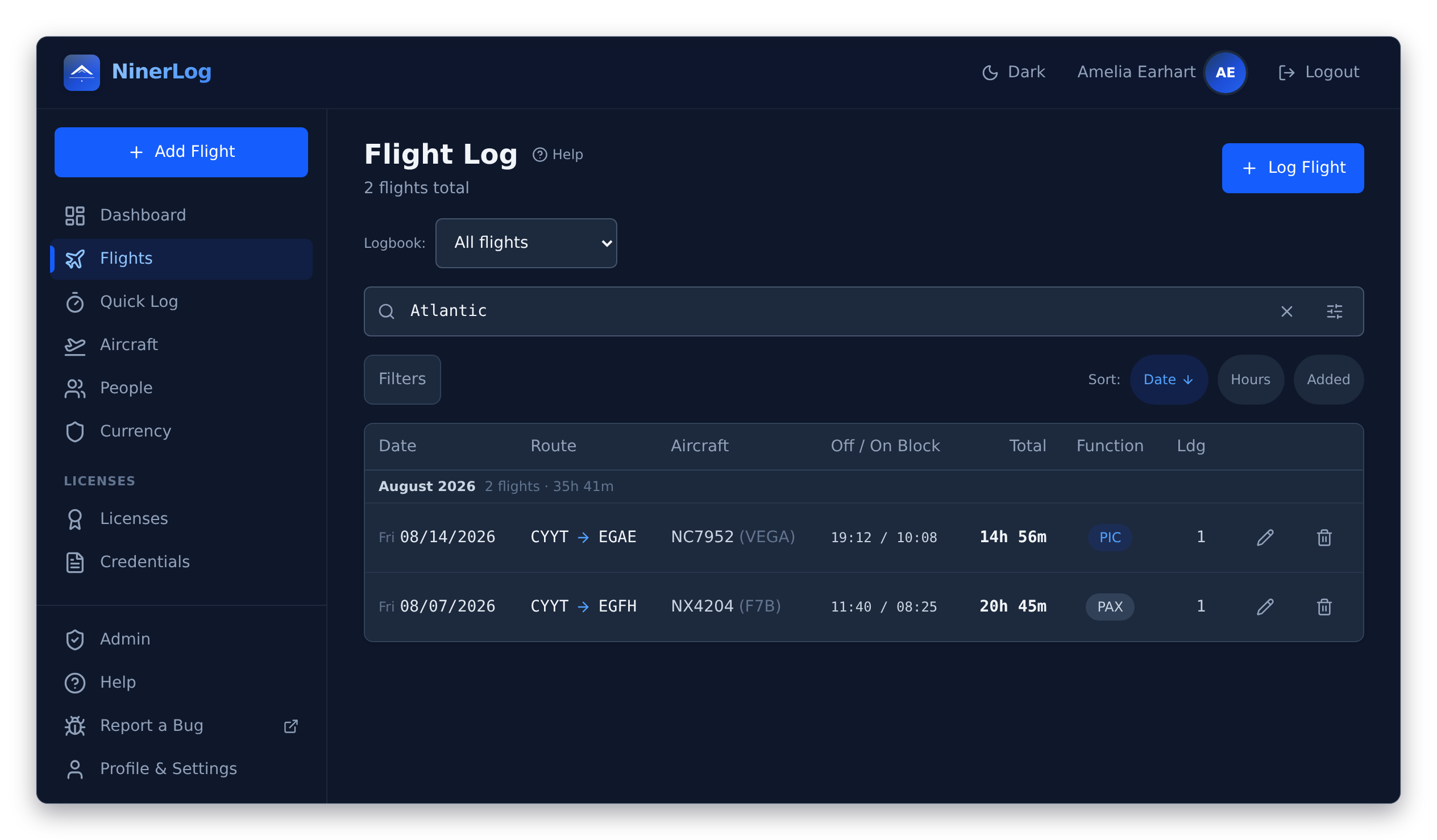 NinerLog flight search narrowing a logbook down to matching flights by ICAO code
