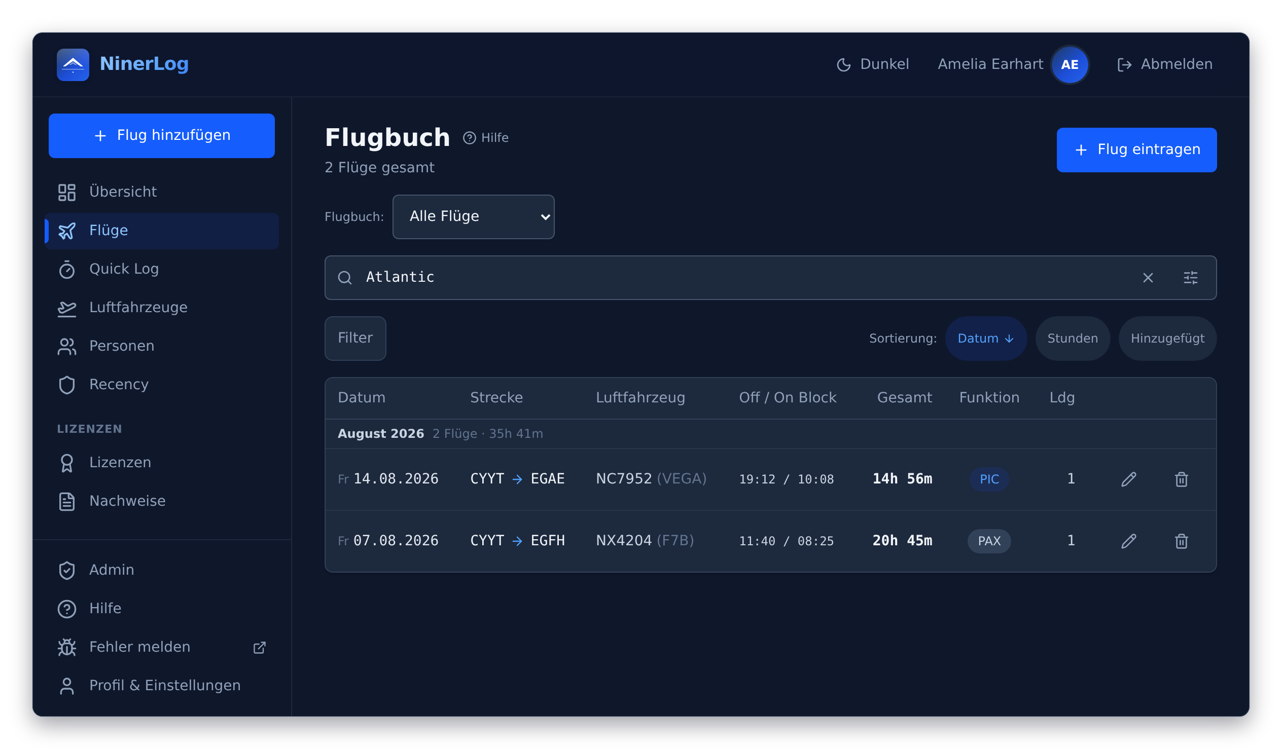 Die NinerLog-Flugsuche filtert ein Flugbuch anhand eines ICAO-Codes auf die passenden Flüge
