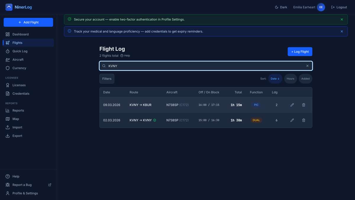 NinerLog flight search narrowing a logbook down to matching flights by ICAO code